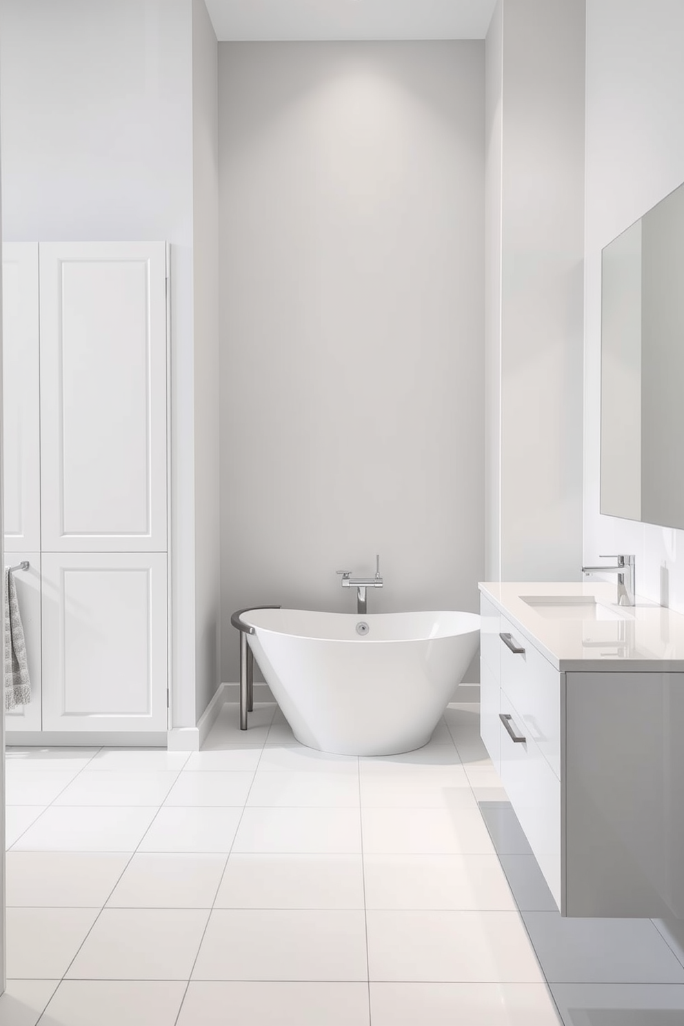 A modern bathroom setting featuring light gray walls that create a sleek and contemporary atmosphere. The space is accented with white cabinetry and a stylish freestanding bathtub that invites relaxation. The floor is adorned with large white tiles that enhance the room's brightness. A minimalist vanity with a polished chrome faucet complements the overall design, while a large mirror reflects the serene ambiance.