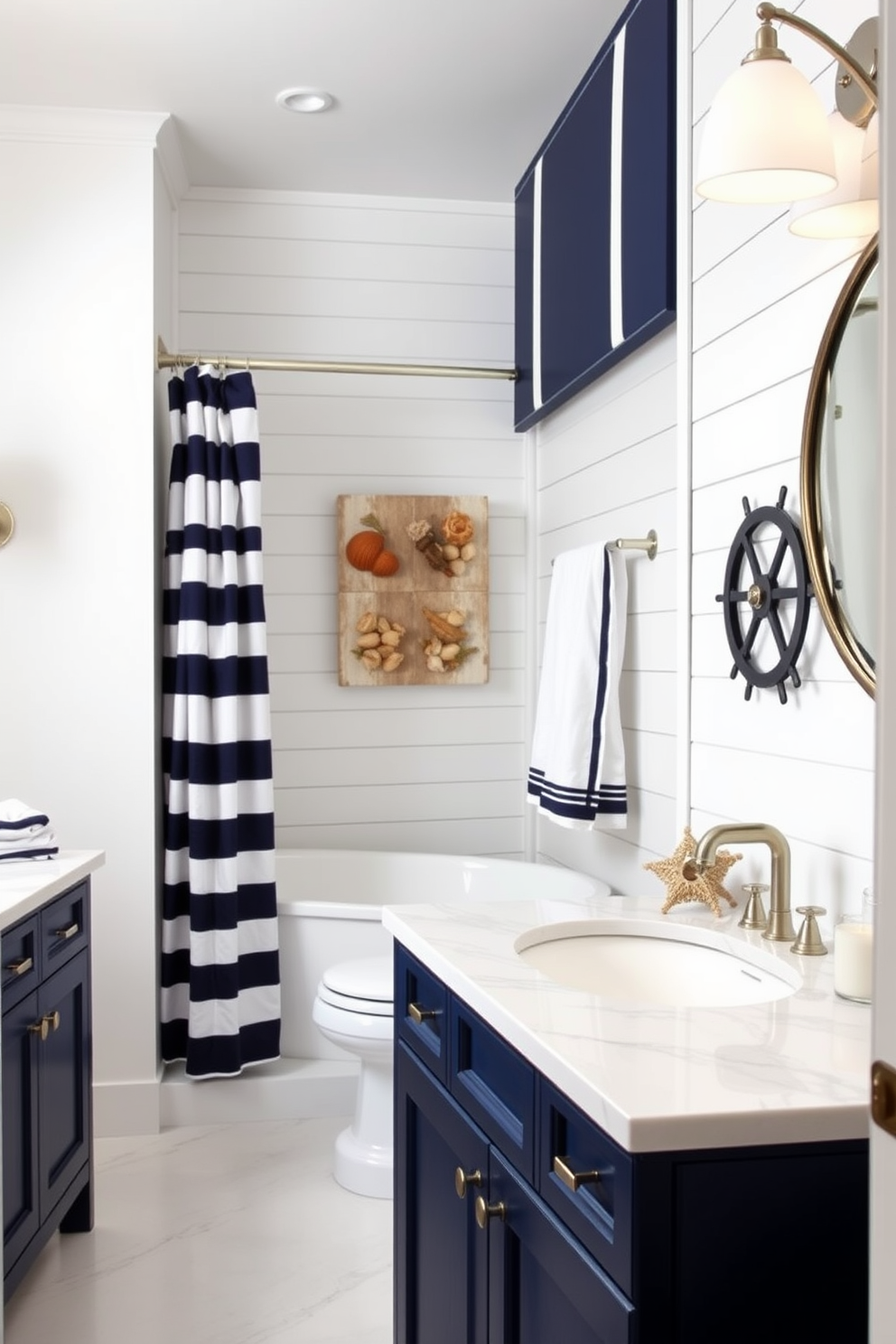 A classic navy and white nautical style bathroom features crisp white shiplap walls paired with deep navy blue accents. The design includes a freestanding white bathtub with a brushed nickel faucet and a navy blue and white striped shower curtain. Navy blue cabinetry contrasts beautifully with white marble countertops and chrome fixtures. Nautical-themed decor such as a ship wheel and seashell accents complete the look, creating a serene coastal retreat.