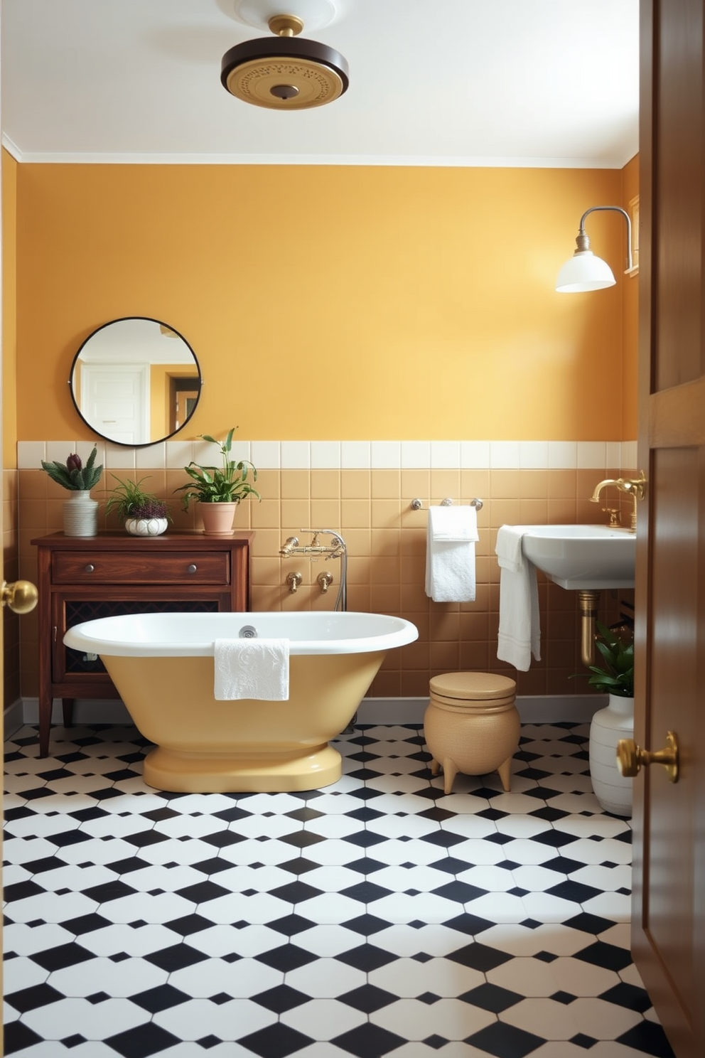 A retro-inspired bathroom featuring muted mustard walls that create a warm and inviting atmosphere. The space includes vintage fixtures with brass accents and a freestanding bathtub that serves as a focal point. Complementing the mustard walls, the floor is adorned with classic black and white checkered tiles. A wooden vanity with a round mirror reflects the nostalgic vibe, while potted plants add a touch of greenery to the design.