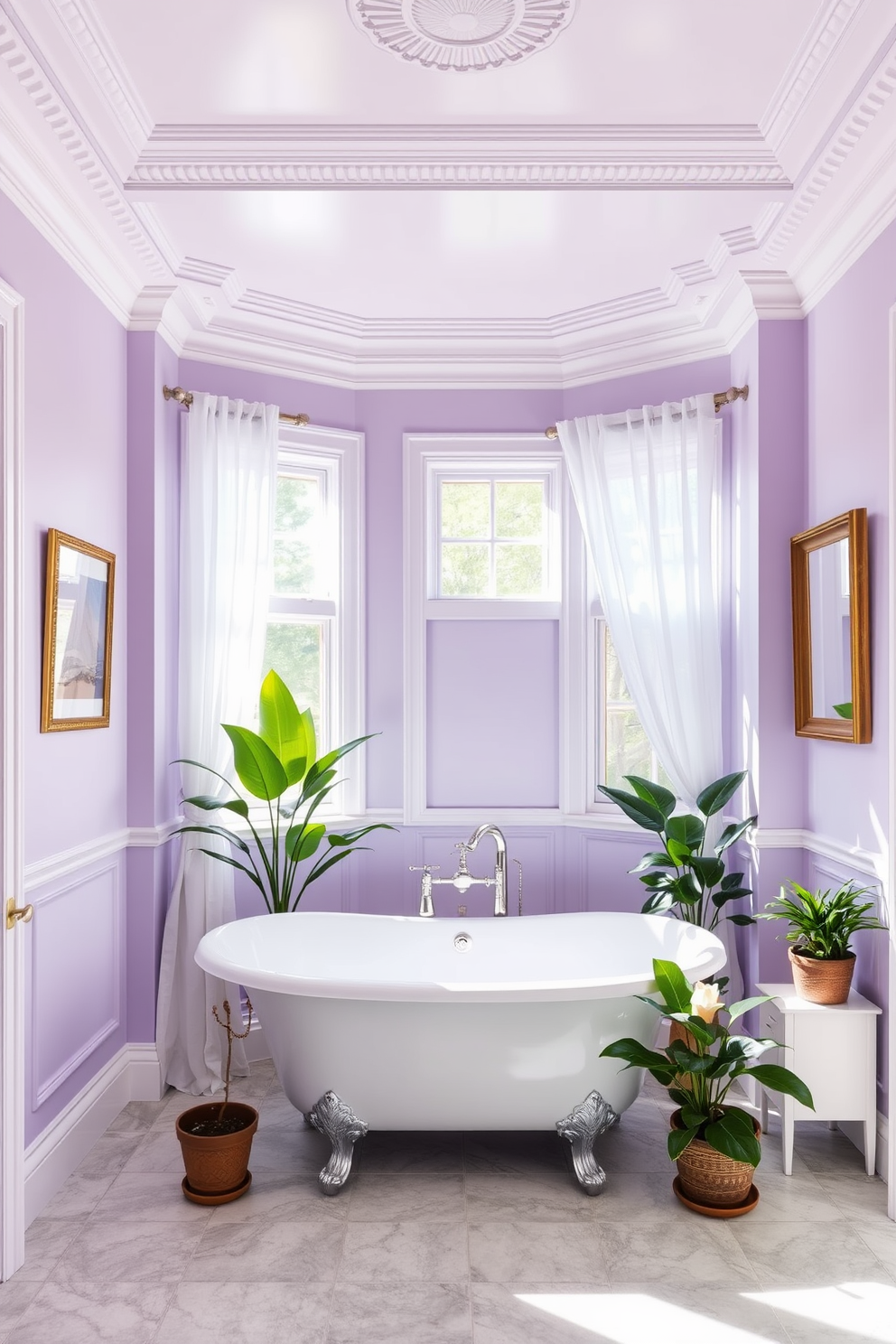 A serene bathroom setting with soft lilac walls that create a dreamy atmosphere. The ceiling is adorned with elegant crown molding, and natural light filters through sheer white curtains. The floor features light gray tiles that complement the lilac color scheme. A freestanding white bathtub sits gracefully in the corner, surrounded by potted plants for a touch of nature.