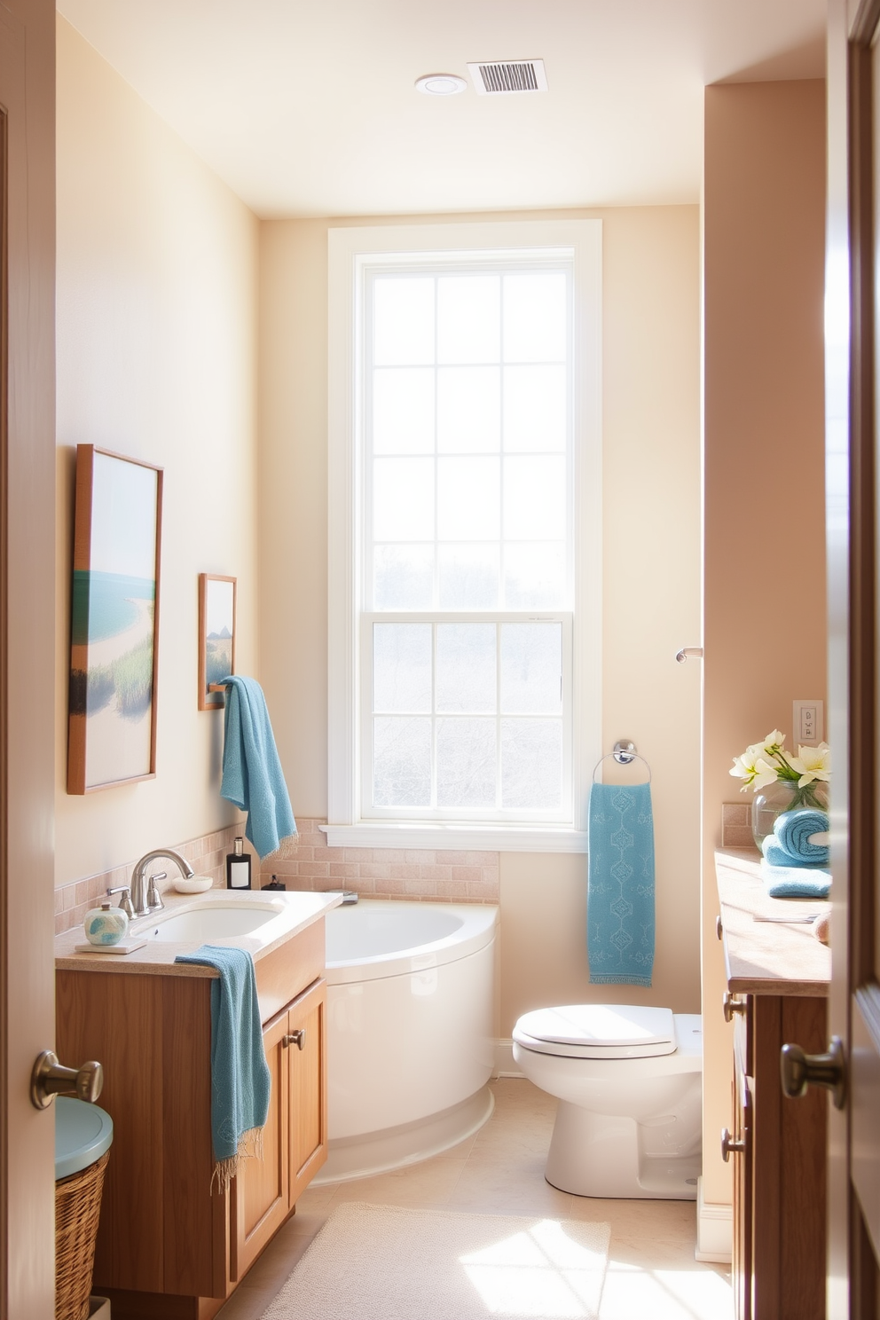 A serene bathroom setting inspired by the beach. The walls are painted in soft sandy beige tones, creating a warm and inviting atmosphere. Natural light floods the space through a large window, illuminating the light wood cabinetry. Accents of ocean blue are introduced through decorative elements like towels and artwork.