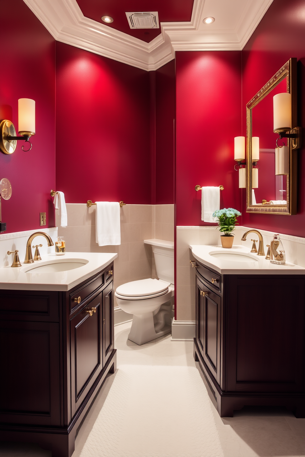 A luxurious bathroom with deep burgundy walls that create a warm and inviting atmosphere. The space features elegant fixtures and soft lighting to enhance the cozy feel. The vanity is crafted from dark wood with a sleek white countertop that contrasts beautifully with the rich wall color. Accents of gold in the hardware and accessories add a touch of sophistication to the overall design.