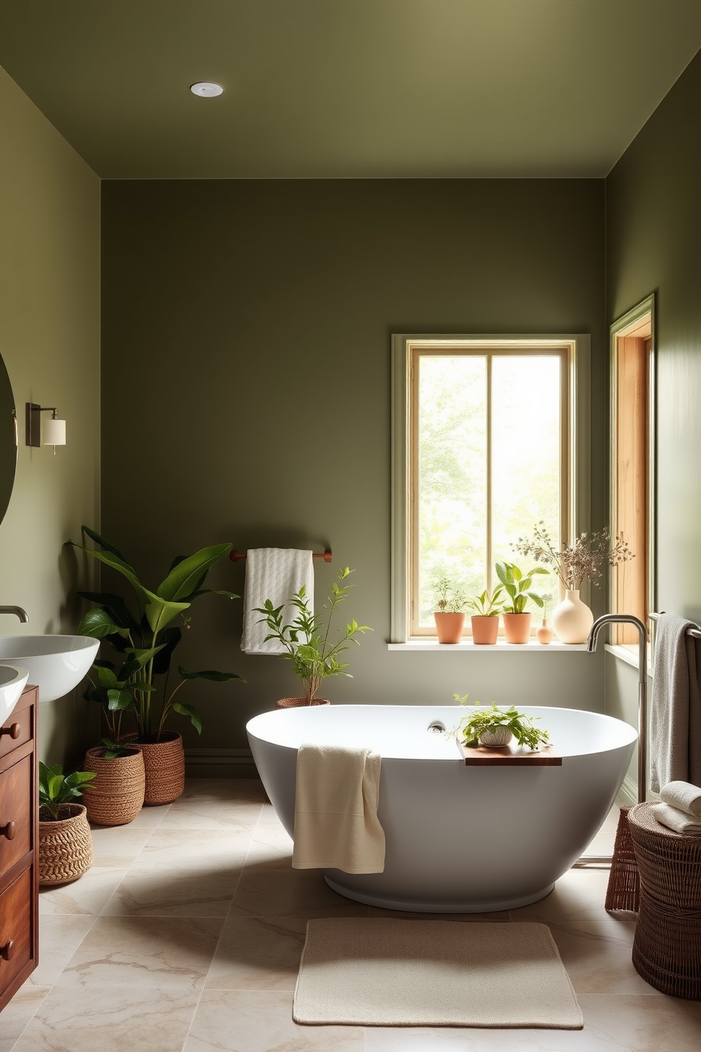 A serene bathroom oasis featuring soft olive green walls that evoke a sense of tranquility and connection to nature. The space is complemented by natural wood accents and elegant fixtures that enhance the calming atmosphere. The design incorporates a freestanding soaking tub surrounded by potted plants and soft linen towels. A large window allows natural light to flood the room, highlighting the soothing color palette and creating a warm, inviting ambiance.