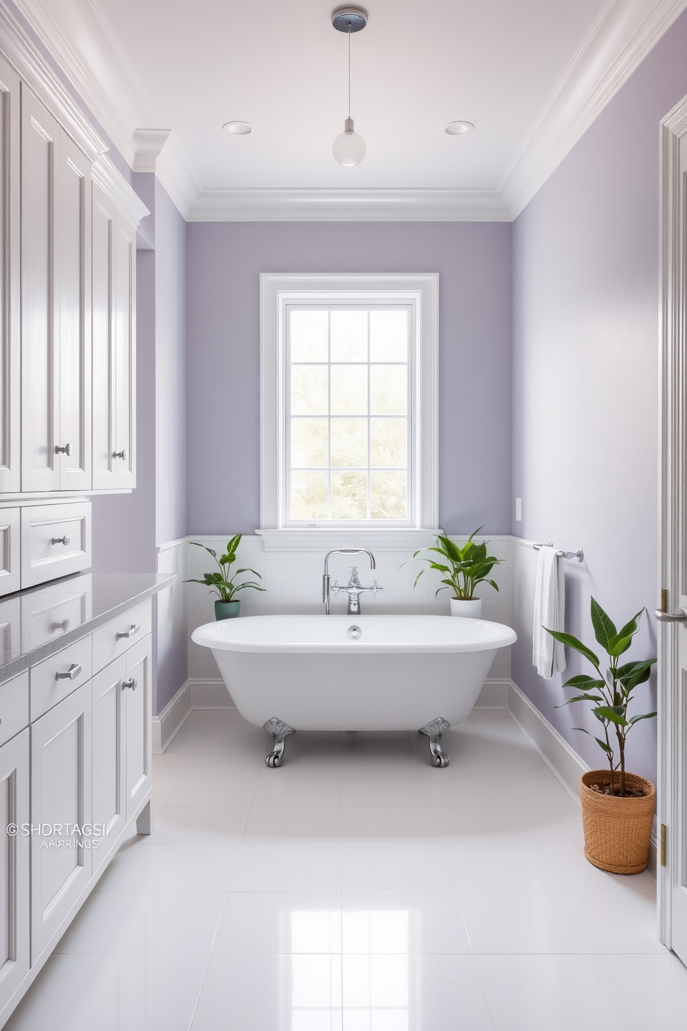 A serene bathroom space featuring light lavender gray walls that exude understated elegance. The soft hue creates a calming atmosphere, complemented by white cabinetry and polished chrome fixtures. The floor is adorned with large white tiles that enhance the bright and airy feel of the room. A freestanding bathtub sits gracefully beneath a window, surrounded by potted plants that add a touch of nature.