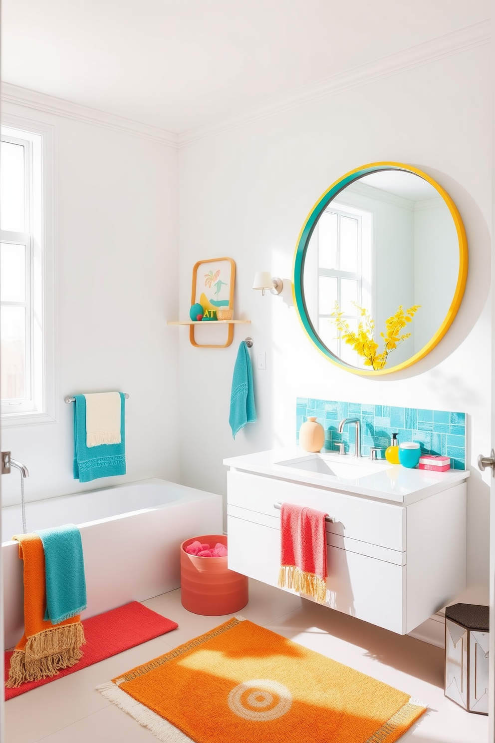 Bright white walls create a fresh and airy atmosphere in the bathroom. Colorful accents in shades of teal, coral, and sunny yellow are strategically placed through accessories like towels, rugs, and decorative items. The sleek white vanity features a vibrant backsplash that adds a playful touch. A large round mirror with a colorful frame complements the lively decor and enhances the overall brightness of the space.