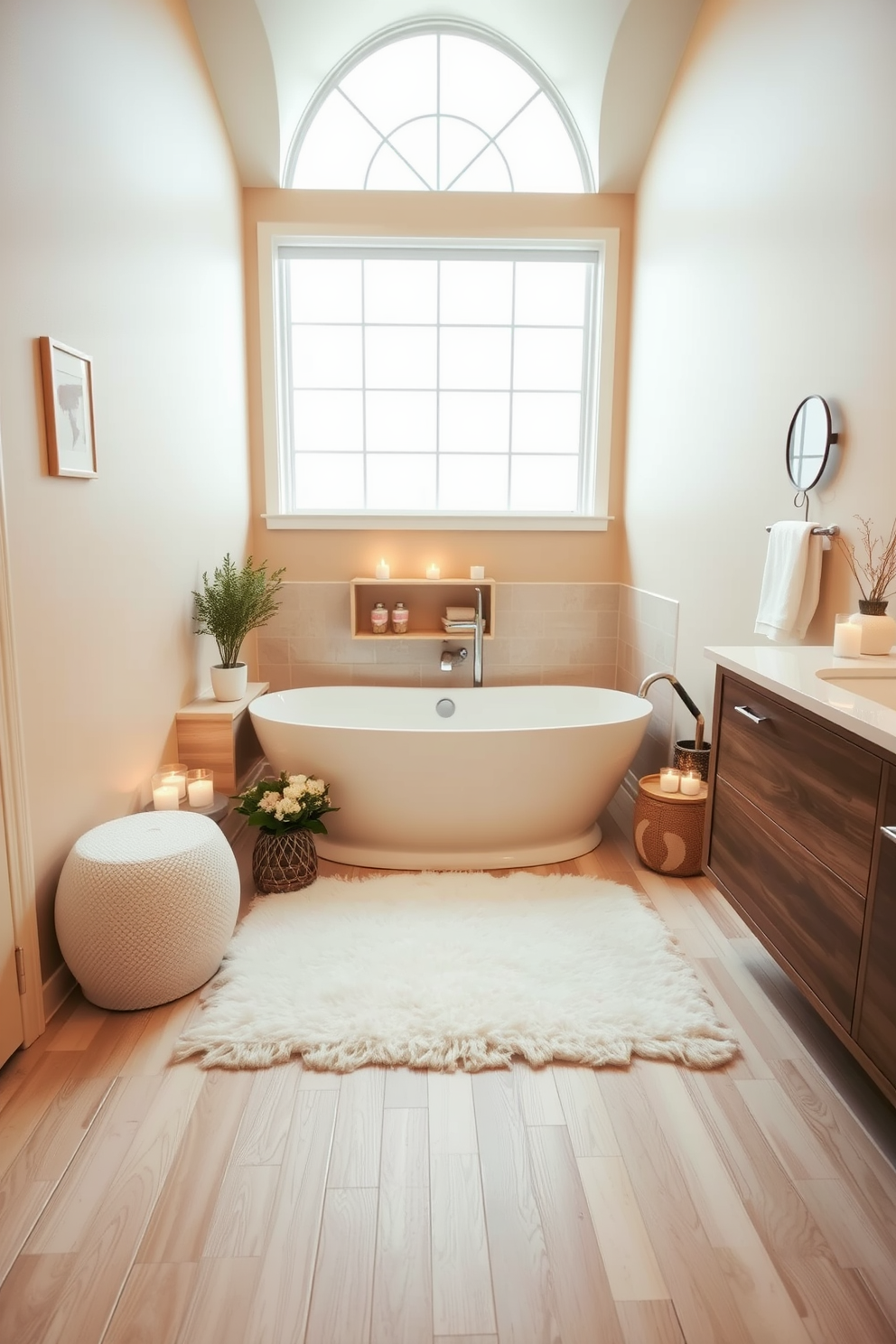 A warm beige bathroom setting exudes a cozy atmosphere. The walls are painted in a soft beige tone, creating a serene backdrop for the space. The floor features light wooden tiles that add warmth and texture. A plush white rug is placed in front of the bathtub, enhancing the comfort of the room. A freestanding soaking tub sits elegantly in the corner, surrounded by candles for a relaxing ambiance. Above the tub, a large window allows natural light to flood the space, highlighting the neutral color palette. The vanity area showcases a sleek wooden cabinet with a white countertop. Decorative elements such as potted plants and scented candles add personal touches to the design.