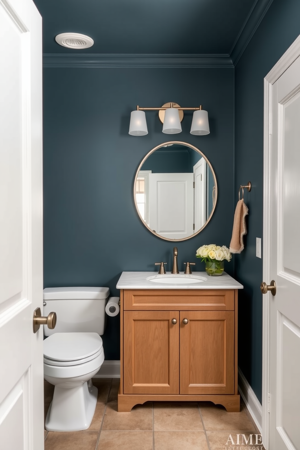 A warm slate blue bathroom creates a sophisticated and calming atmosphere. The walls are painted in this elegant hue, complementing white cabinetry and brushed nickel fixtures. Incorporate natural textures with a wooden vanity and a sleek marble countertop. Soft lighting fixtures add warmth and enhance the overall design aesthetic.