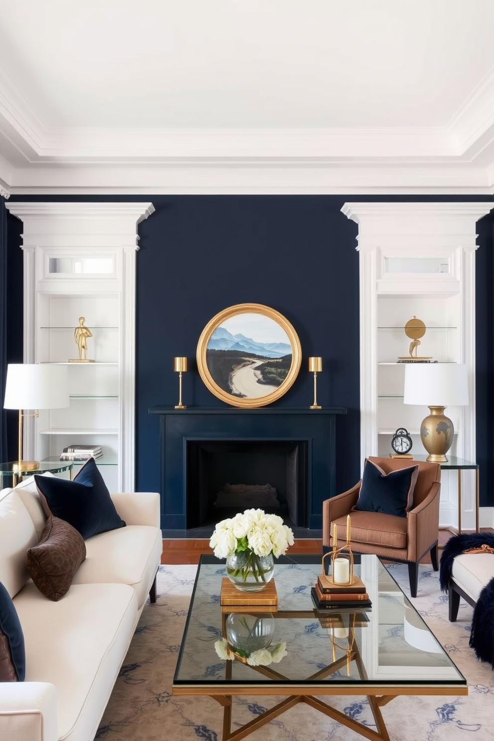 A deep navy blue accent wall creates a dramatic and elegant atmosphere in the room. Complementing the navy, soft white trim and ceiling enhance the overall sophistication of the space. The furniture features a mix of modern and classic styles, with a plush cream sofa and a sleek glass coffee table. Decorative accents in gold and brass add a touch of luxury and warmth to the design.