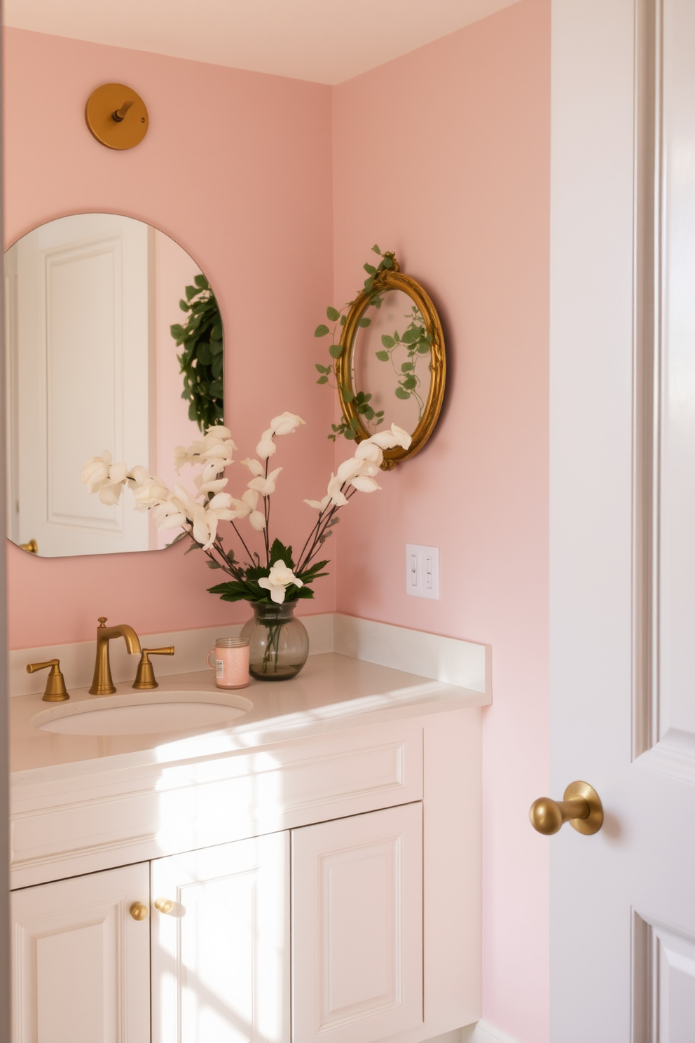 A serene bathroom ambiance featuring pale blush pink walls that create a soft and inviting atmosphere. The space is complemented by elegant white cabinetry and brushed gold fixtures, enhancing the overall warmth of the design.