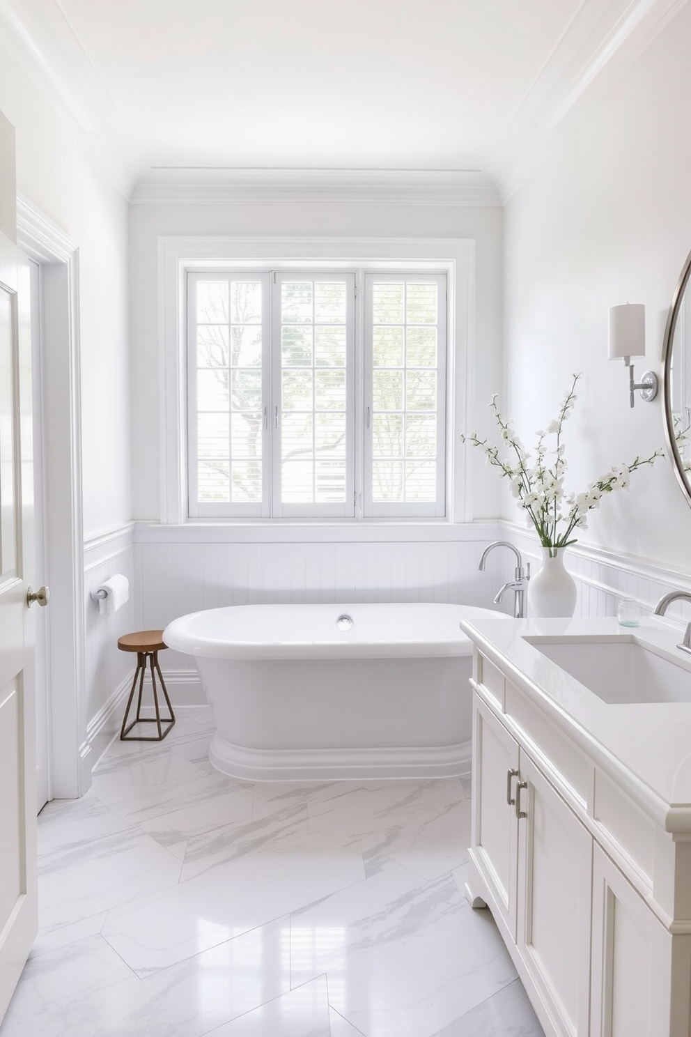 A classic white bathroom exudes timeless simplicity with its clean lines and elegant finishes. The walls are painted in a crisp white, complemented by a sleek white bathtub and matching fixtures. The floor features light gray marble tiles that add a touch of sophistication. Natural light floods the space through a large window, enhancing the serene ambiance.