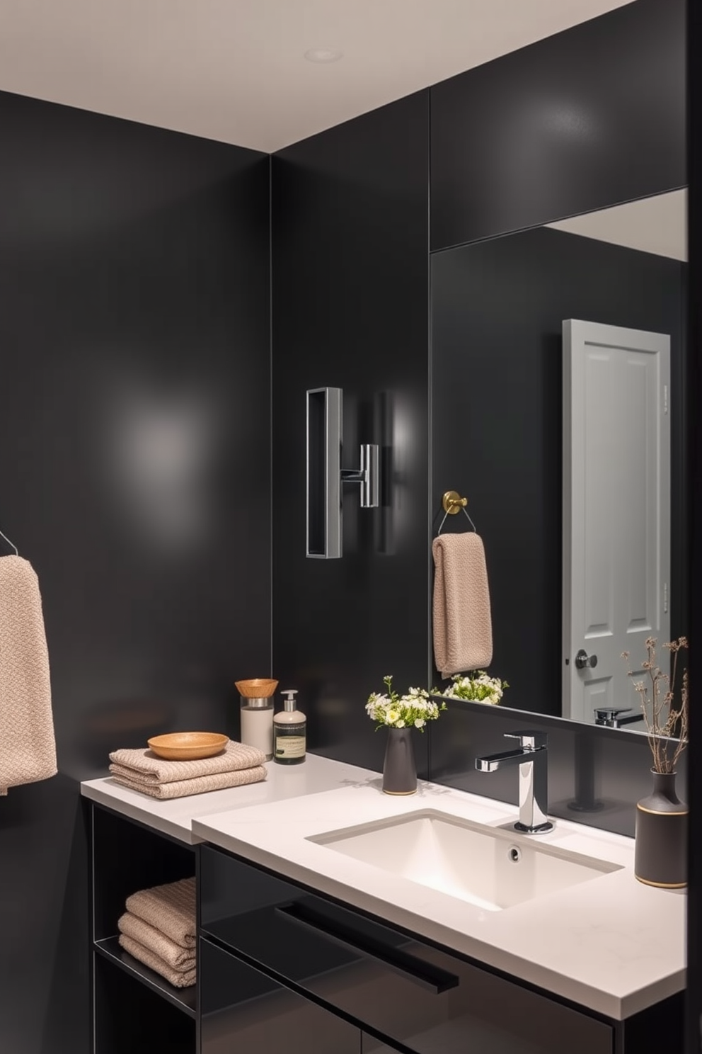 A sleek bathroom featuring charcoal gray walls that create a modern and sophisticated atmosphere. The elegant fixtures and accessories in contrasting colors enhance the overall design, making it both stylish and functional. The space is complemented by a minimalist vanity with a polished surface and a large mirror that reflects light throughout the room. Soft lighting fixtures add warmth, while decorative elements provide a touch of personality and comfort.