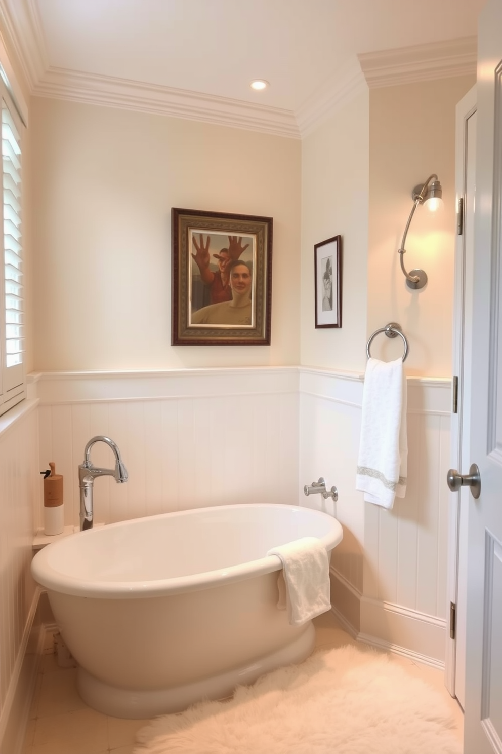 A cozy bathroom ambiance featuring creamy ivory walls that radiate a warm glow. The space is enhanced by soft lighting fixtures that create an inviting atmosphere, making it a perfect retreat. Elegant accents such as polished chrome fixtures complement the creamy ivory hue. A plush white rug and tasteful decor items add a touch of luxury to the overall design.