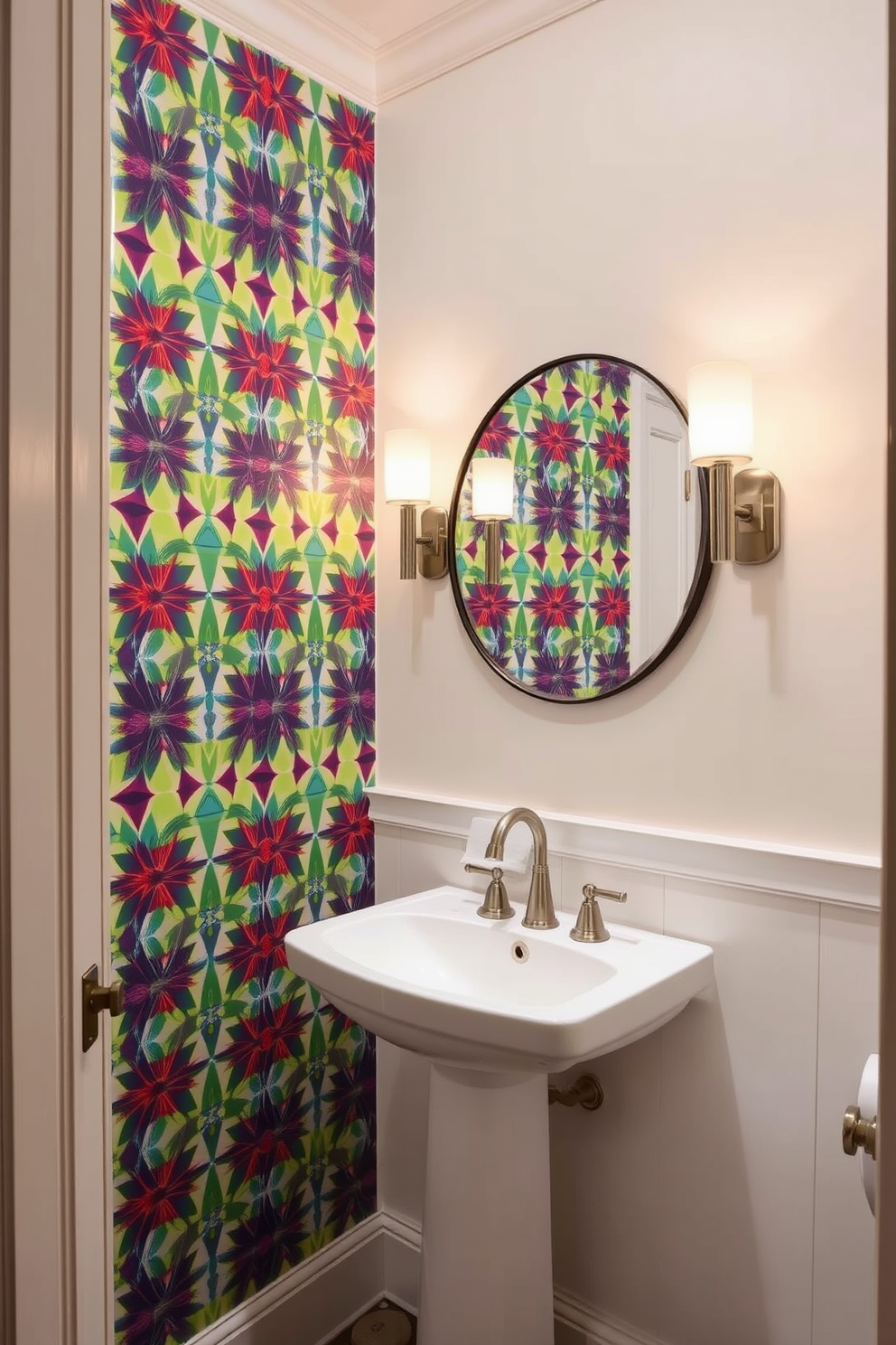 A bold wallpaper featuring a vibrant geometric pattern covers one wall, creating a striking accent in the bathroom. The rest of the walls are painted in a soft neutral tone to balance the dramatic effect of the wallpaper. A sleek pedestal sink with a contemporary faucet is positioned in front of the wallpaper, complemented by a round mirror with a thin black frame. Stylish sconces on either side of the mirror provide warm lighting, enhancing the overall ambiance of the powder room.