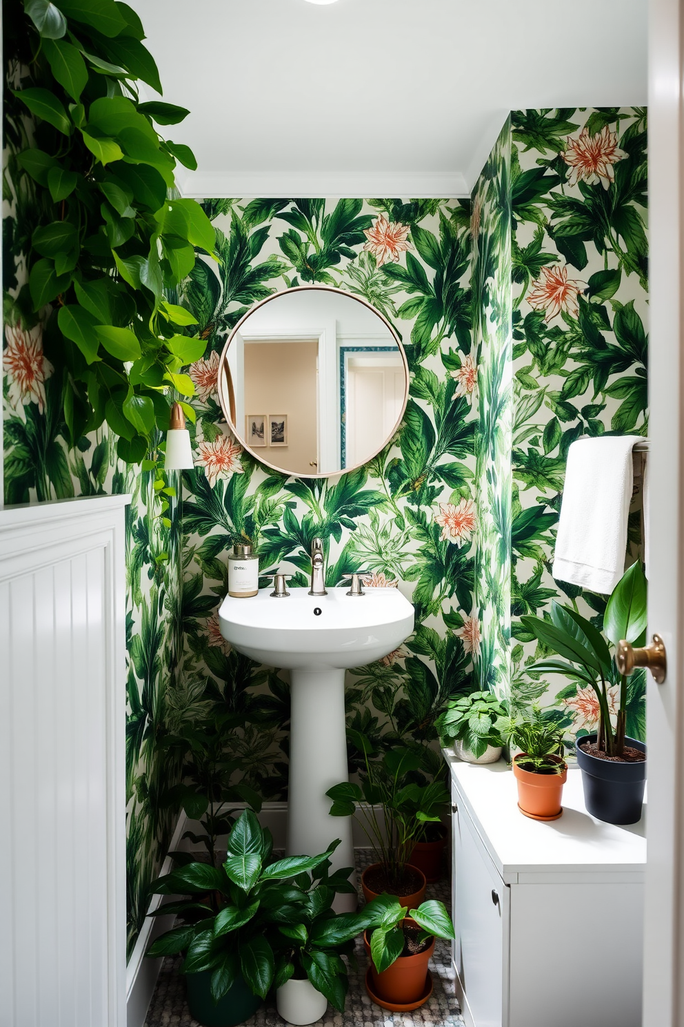 A beautiful powder room filled with lush greenery. The walls are adorned with botanical wallpaper, creating a vibrant and fresh atmosphere. A sleek white pedestal sink sits against the wall, complemented by a stylish round mirror above it. Potted plants in varying sizes are placed on the floor and countertop, enhancing the natural feel of the space.