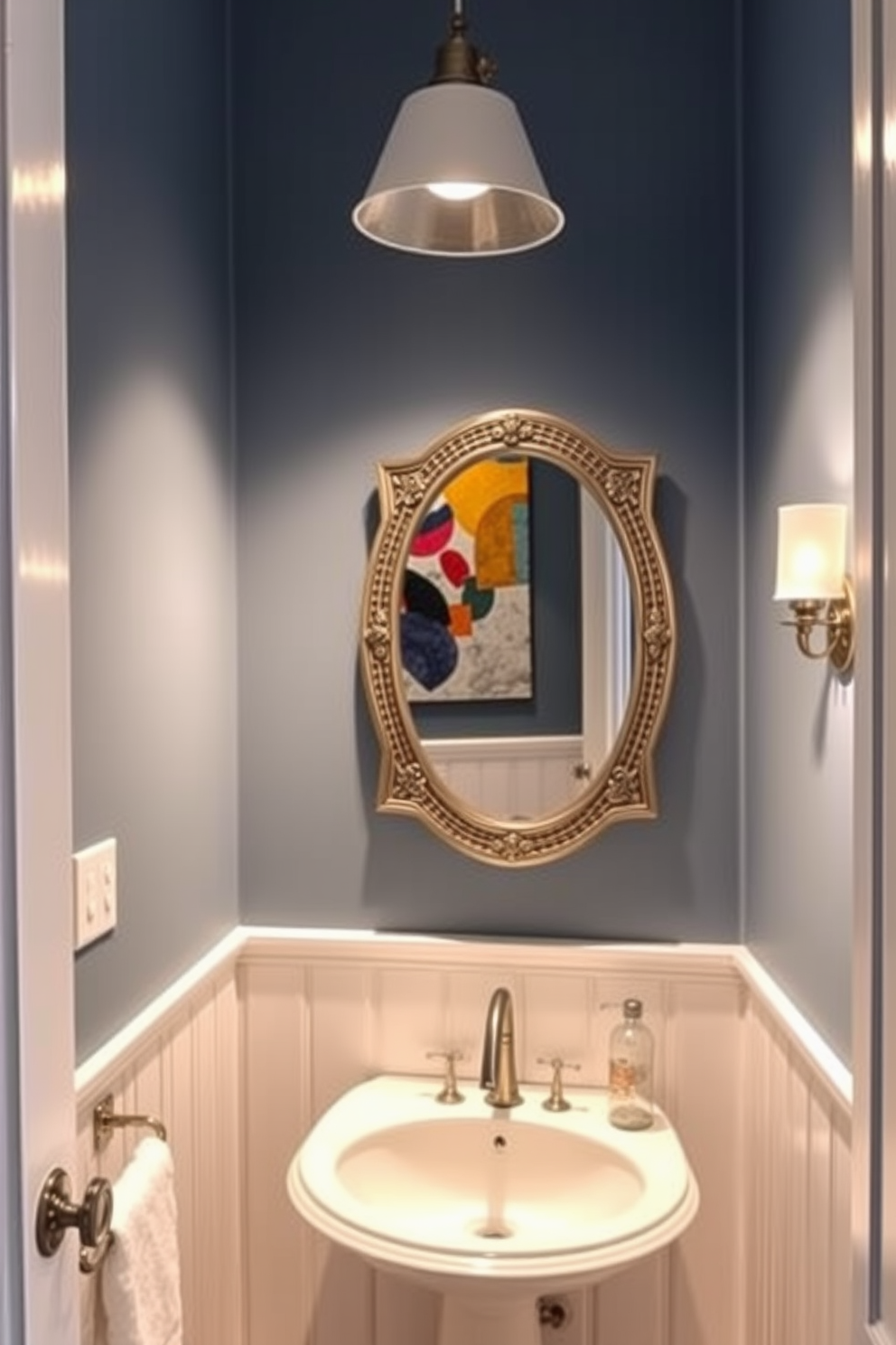 Artistic wall art that reflects personal style and creativity. The piece features vibrant colors and abstract shapes, creating a focal point in the room. A stylish powder room that combines elegance and functionality. The design includes a chic pedestal sink, a decorative mirror, and tasteful lighting fixtures that enhance the overall ambiance.