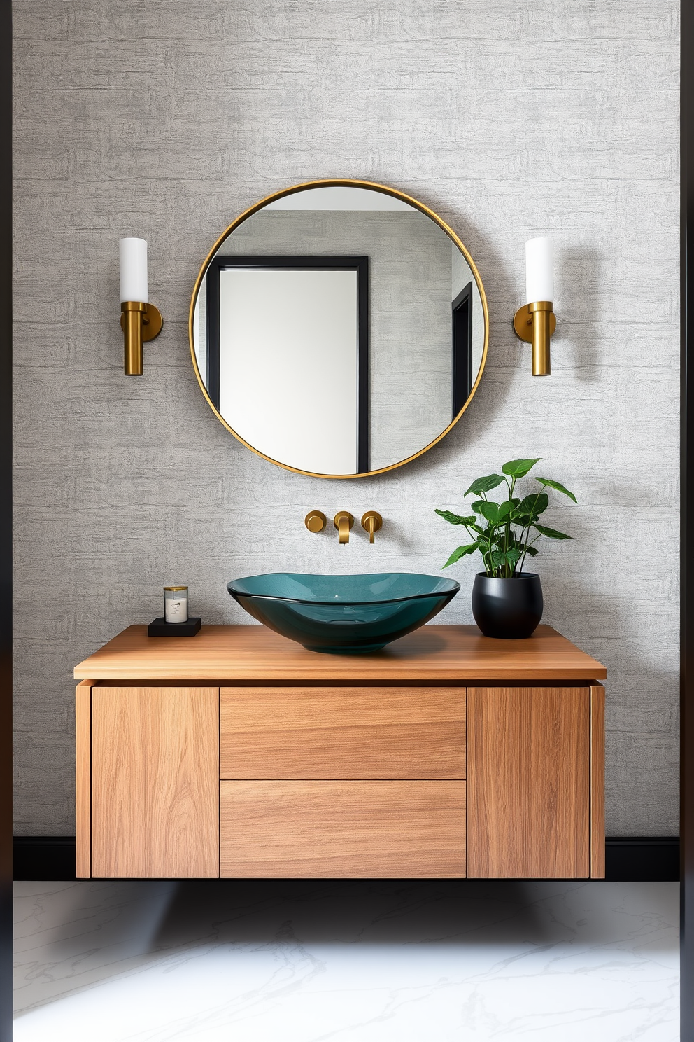 A luxurious bathroom powder room featuring gold accents throughout the design. The walls are adorned with elegant wallpaper that complements the shimmering gold fixtures and accessories. The vanity showcases a sleek white countertop with a stylish gold faucet and hardware. A large round mirror with a gold rim reflects the soft ambient lighting, creating a warm and inviting atmosphere.