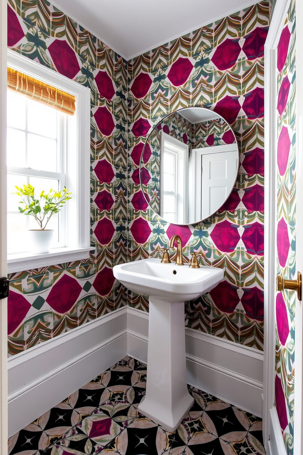 A whimsical bathroom powder room features playful patterned floor tiles in vibrant colors. The walls are adorned with cheerful wallpaper and a sleek modern vanity adds a touch of elegance.