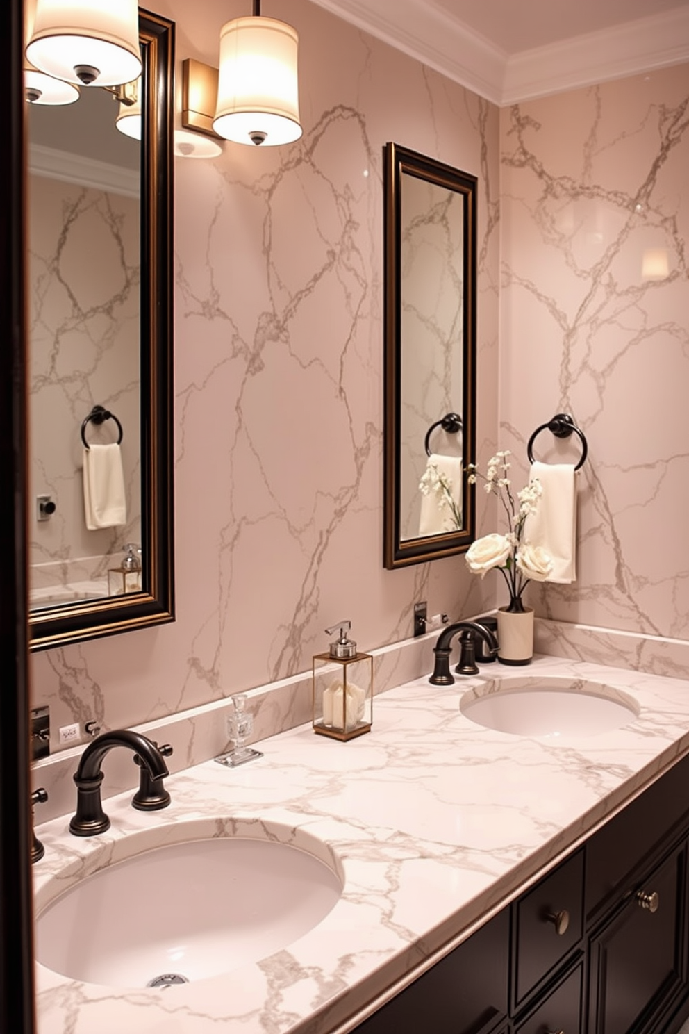 Luxurious marble countertops create an atmosphere of sophistication in any bathroom. The powder room features elegant fixtures and tasteful decor to enhance the overall design. Soft lighting illuminates the space, highlighting the exquisite veining of the marble. Thoughtfully selected accessories complement the countertops, adding a touch of glamour to the powder room.