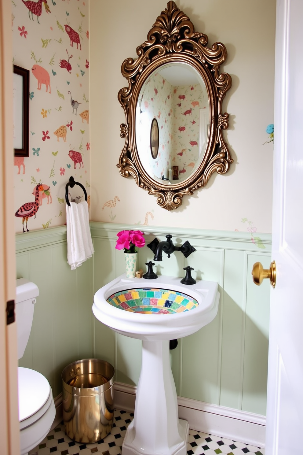 Whimsical decor for playful charm. Imagine a vibrant powder room filled with eclectic accessories that bring joy and creativity to the space. The walls are painted in a soft pastel hue, adorned with playful wallpaper featuring whimsical patterns. A unique pedestal sink with a colorful mosaic design serves as the focal point, complemented by a vintage mirror with an ornate frame.