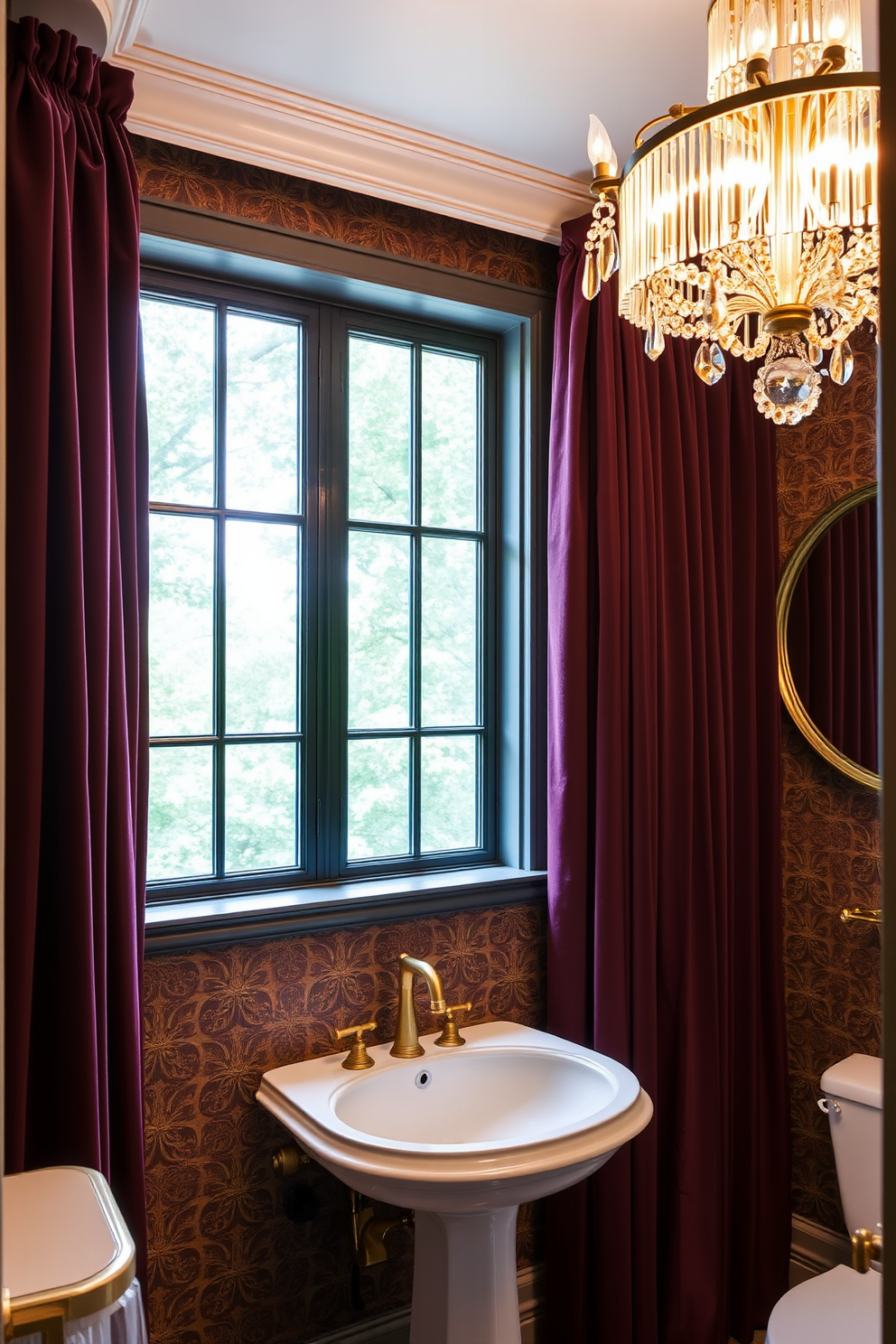 Elegant drapery in rich velvet cascades from the ceiling to the floor, framing a large window that allows natural light to filter softly into the space. The color palette features deep jewel tones, enhancing the opulent feel while complementing the polished brass fixtures throughout the room. The bathroom powder room showcases a sleek pedestal sink with a vintage-style faucet, set against a backdrop of intricate wallpaper with a subtle sheen. A stylish round mirror hangs above the sink, reflecting the warm glow of a chic chandelier that adds a statement piece to the design.