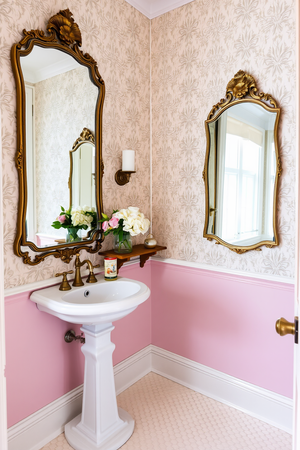 A charming powder room featuring vintage mirrors that add a classic touch. The walls are adorned with soft pastel wallpaper and the floor is covered in elegant hexagonal tiles. A sleek pedestal sink sits against one wall, complemented by a brass faucet that enhances the vintage aesthetic. A small wooden shelf above the sink displays decorative items and fresh flowers for a welcoming feel.