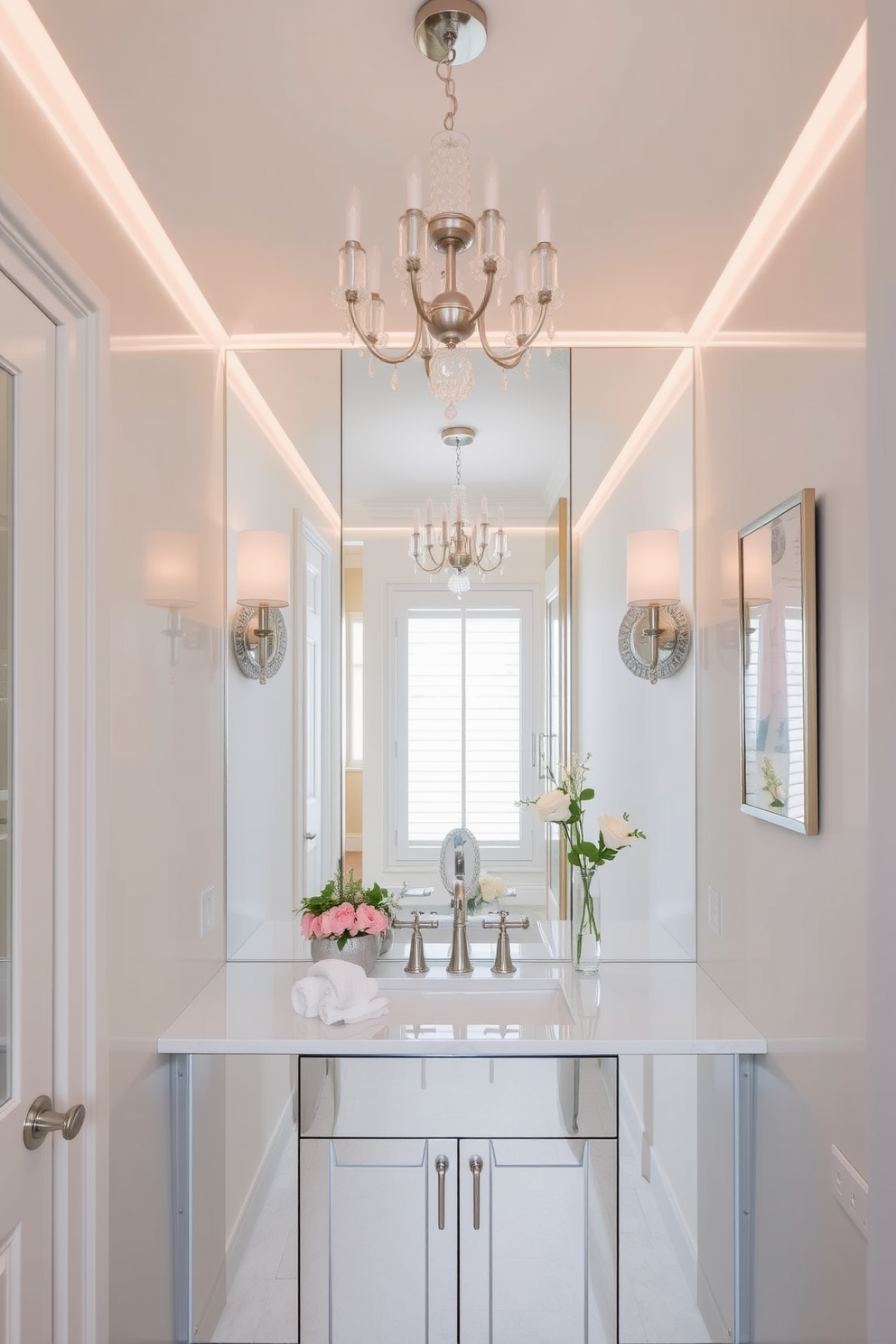 A chic bathroom powder room featuring mirrored surfaces that reflect light and create a sense of openness. The design includes a sleek vanity with a polished mirror above it, complemented by elegant lighting fixtures that enhance the brightness of the space. The walls are adorned with a soft pastel hue, creating a calming atmosphere. A stylish chandelier hangs from the ceiling, while decorative accents such as fresh flowers and plush towels add a touch of sophistication.