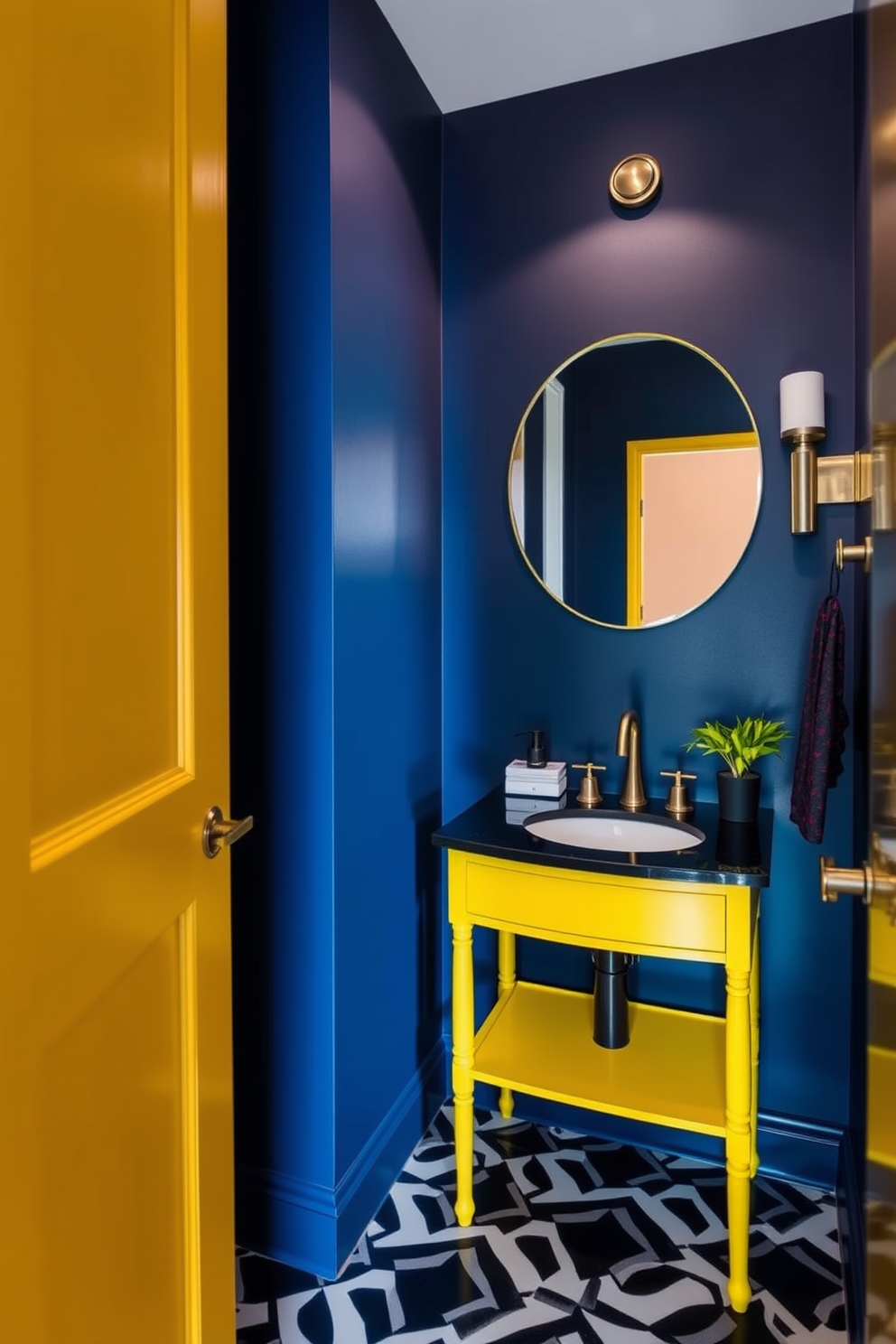 A striking powder room featuring bold color contrasts that create a dramatic effect. The walls are painted in a deep navy blue, contrasting sharply with a vibrant yellow vanity that boasts a sleek black countertop. Above the vanity, a large round mirror with a thin gold frame reflects the playful color scheme. The floor is adorned with geometric black and white tiles, adding a modern touch to the overall design.