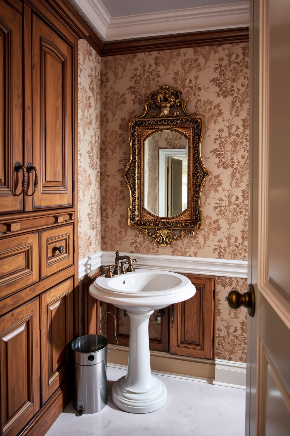 Vintage cabinetry for a timeless look. The cabinetry features intricate woodwork with a distressed finish, complemented by antique brass hardware. The powder room is adorned with a classic pedestal sink and a framed mirror with an ornate design. Soft lighting illuminates the space, highlighting the elegant wallpaper with a floral pattern.