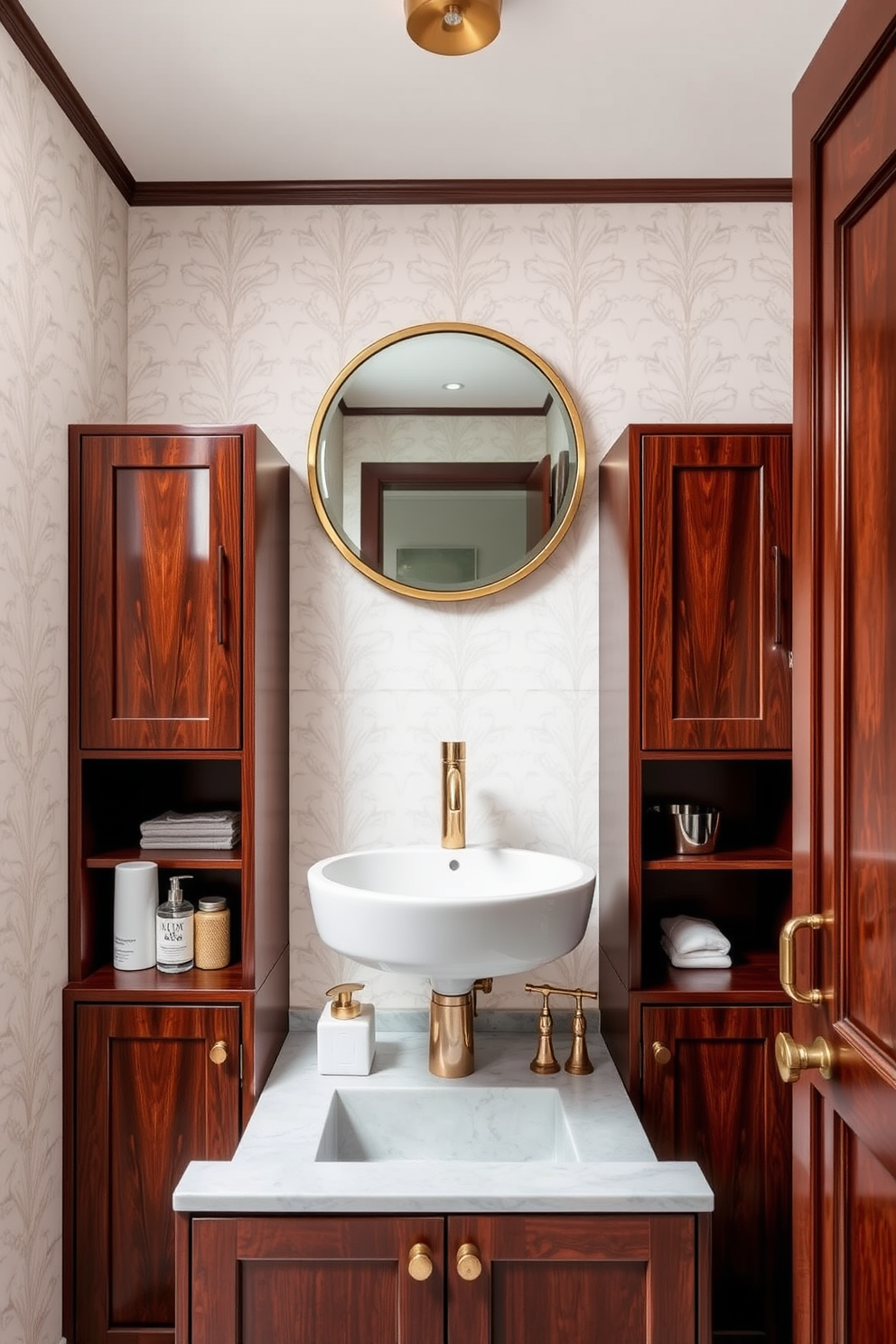 A stylish powder room featuring elegant under-sink storage solutions. The cabinetry is crafted from rich wood with a glossy finish, providing ample space for toiletries and cleaning supplies. The walls are adorned with a soft pastel wallpaper that adds a touch of charm. A round mirror with a brass frame hangs above a sleek sink, complemented by a chic faucet and decorative accessories.