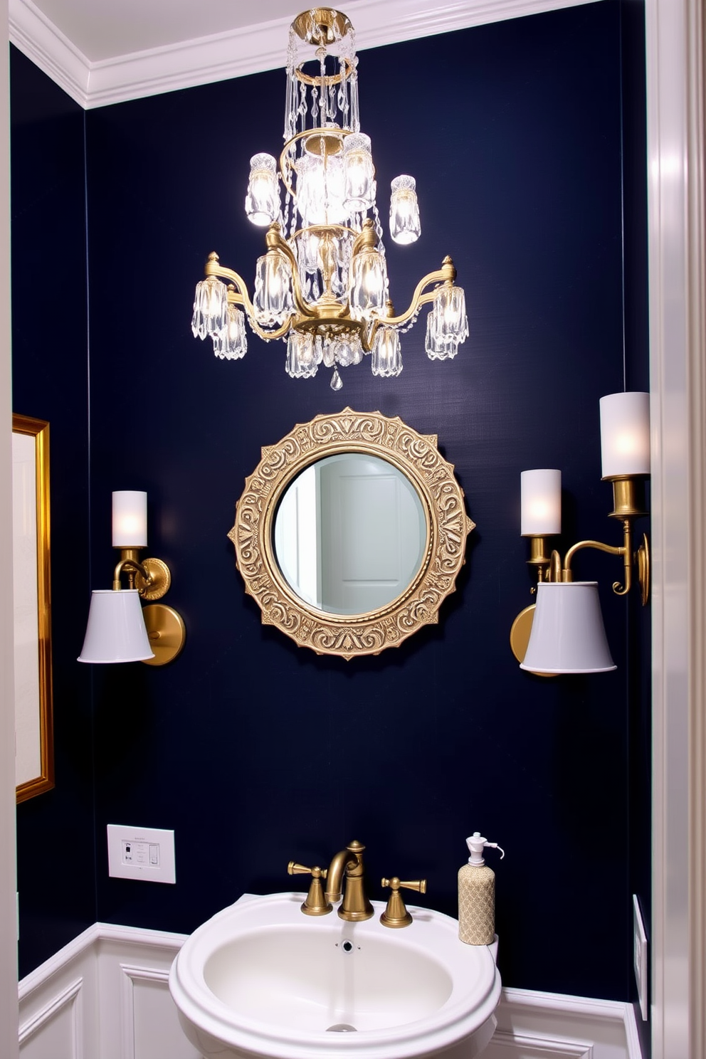 Creative lighting fixtures for ambiance. A stunning chandelier with intricate glass details hangs from the ceiling, casting a warm glow throughout the space. Elegant wall sconces flank the mirror, providing soft illumination that enhances the room's atmosphere. Bathroom Powder Room Design Ideas. The powder room features a stylish pedestal sink paired with a vintage-inspired faucet. Rich navy blue wallpaper with a subtle pattern creates a bold backdrop, while a round mirror with a decorative frame adds a touch of sophistication.