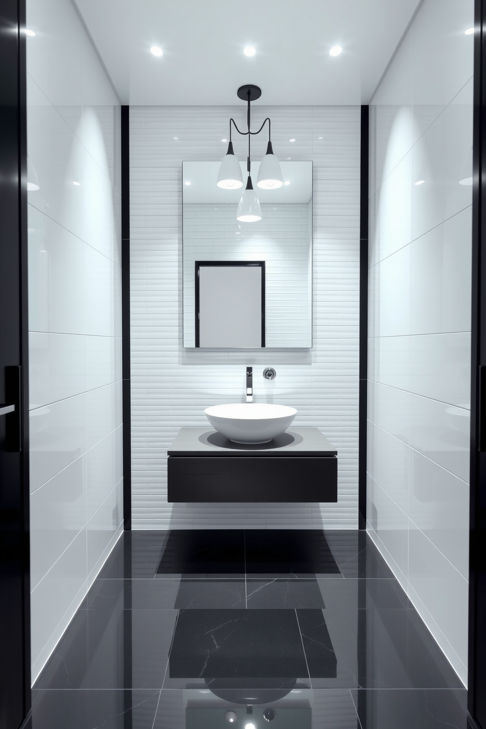 A stylish powder room featuring floor-to-ceiling tiles that create an illusion of height. The walls are adorned with glossy white tiles, while the floor is covered in a sleek black tile for a striking contrast. A modern floating vanity with a vessel sink sits against the tiled wall. Above the vanity, a frameless mirror reflects the elegant lighting fixtures that add warmth to the space.