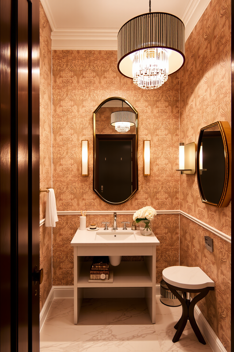 A stunning powder room features statement light fixtures that serve as captivating focal points. The walls are adorned with elegant wallpaper, and the floor is finished with luxurious marble tiles. A chic vanity with a sleek countertop complements the bold lighting overhead. Decorative elements such as a stylish mirror and unique accessories enhance the overall aesthetic of the space.