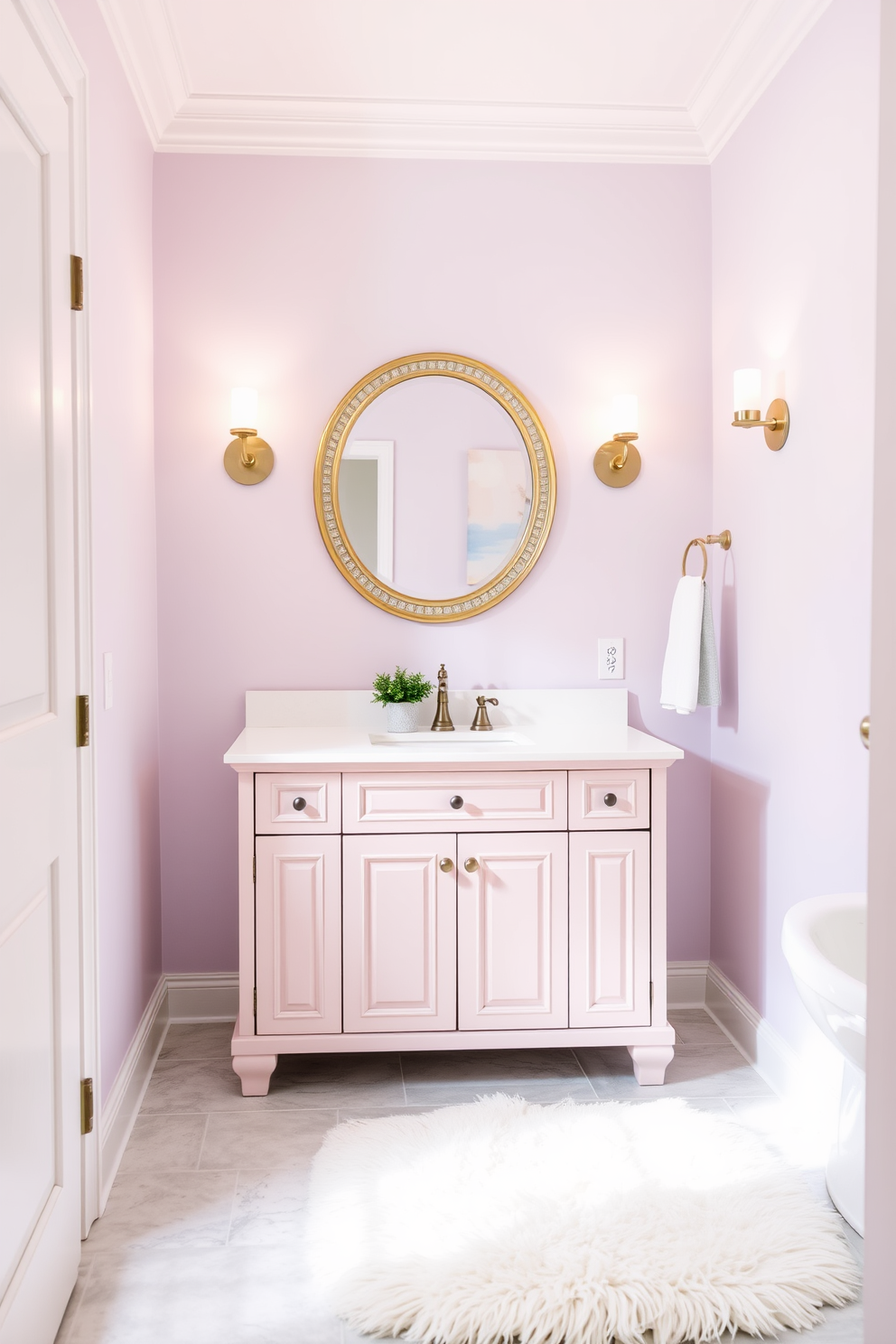 A serene bathroom setting featuring soft pastel colors. The walls are painted in a light lavender shade, complemented by a pale pink vanity with a white countertop. In the center, a round mirror with a delicate gold frame reflects the gentle hues. The floor is adorned with light gray tiles, and a fluffy white rug adds warmth to the space. A small potted plant sits on the vanity, bringing a touch of nature indoors. Soft lighting from sconces creates a calming atmosphere, perfect for relaxation.