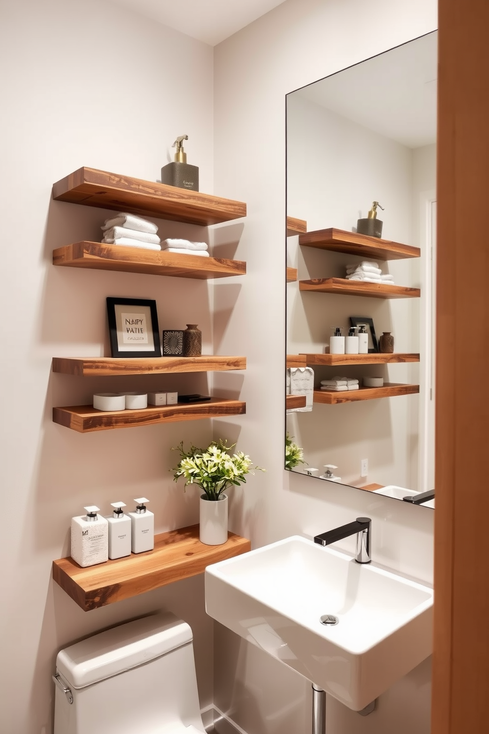 A chic bathroom powder room features elegant floating shelves made of reclaimed wood, showcasing decorative items and neatly arranged toiletries. The walls are painted in a soft, neutral tone, and a sleek, modern sink is positioned beneath a large, frameless mirror that enhances the sense of space.