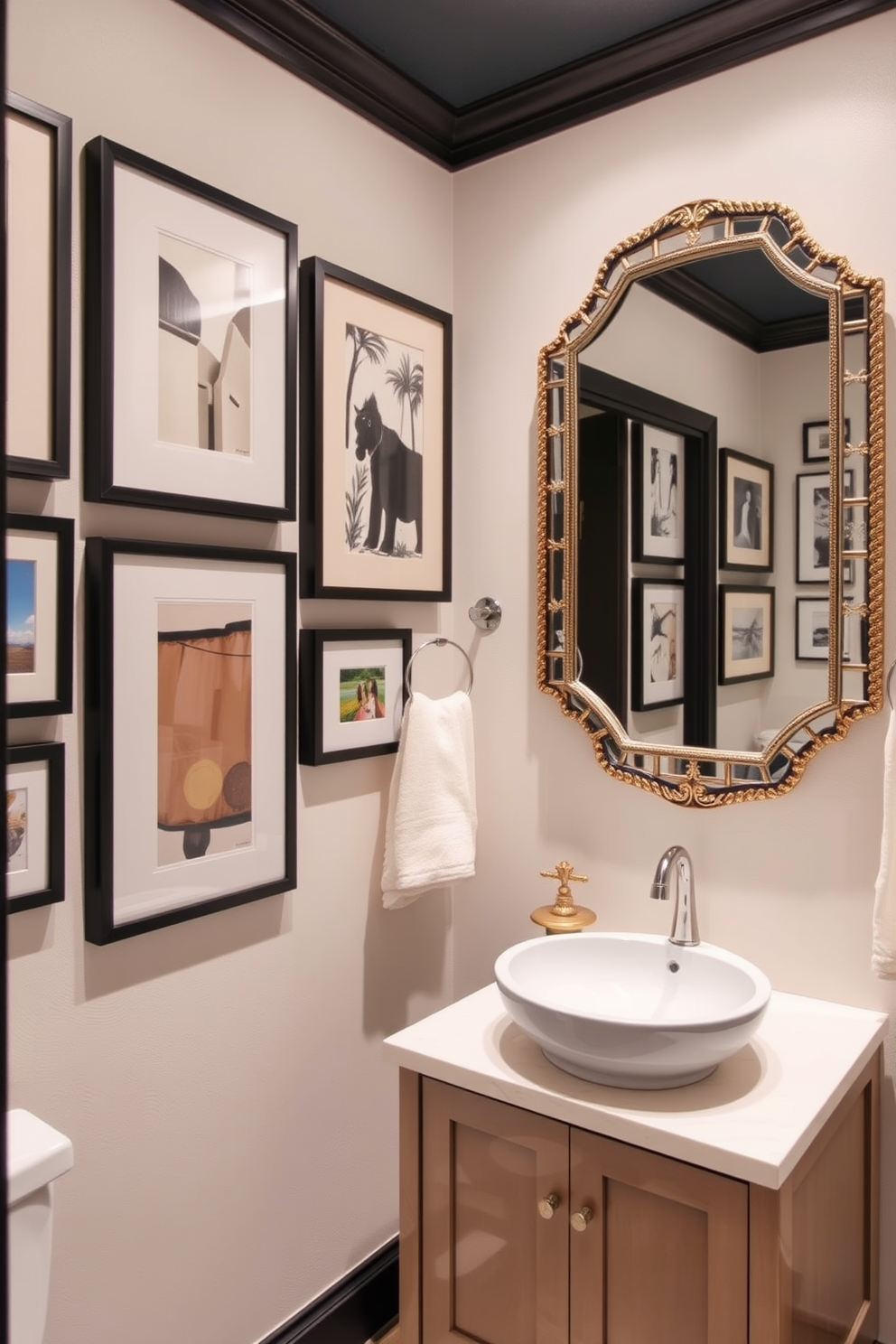 A stunning powder room features sleek, modern fixtures that exude elegance and sophistication. The walls are adorned with a soft, neutral wallpaper that complements the rich tones of the dark wood cabinetry. A chic pedestal sink takes center stage, showcasing a polished chrome faucet that adds a touch of luxury. Ambient lighting from a stylish chandelier casts a warm glow, enhancing the overall ambiance of the space.