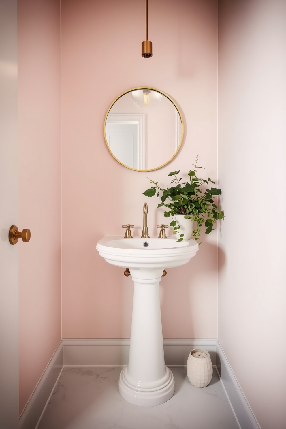 A chic pedestal sink stands gracefully in the corner of an elegantly designed bathroom powder room. The walls are adorned with soft pastel wallpaper, and the floor is covered with a luxurious marble finish. A small round mirror with a delicate gold frame hangs above the sink, reflecting the ambient light from a stylish pendant fixture. Fresh greenery in a sleek ceramic pot adds a touch of nature, complementing the overall sophisticated aesthetic.