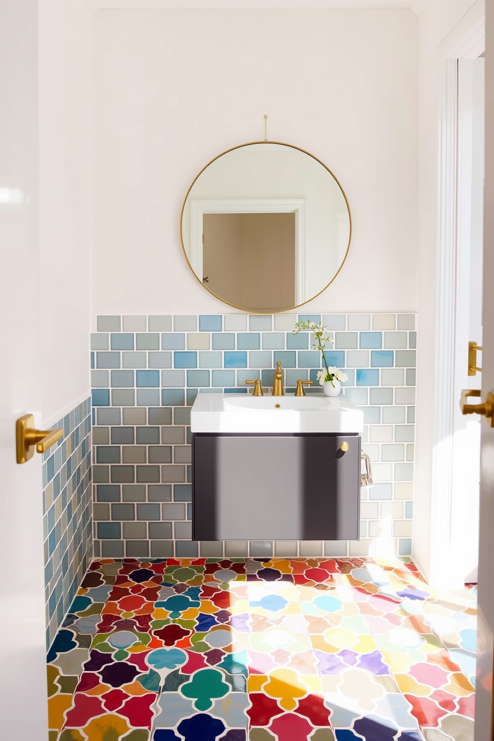 A vibrant bathroom with colorful tiles covering the floor, creating a lively and inviting atmosphere. The walls are adorned with soft white paint, complementing the bright tiles and enhancing the overall brightness of the space. The powder room features a sleek floating vanity with a modern sink, paired with stylish fixtures in brushed gold. A large round mirror hangs above the vanity, reflecting the playful colors of the tile and adding depth to the design.