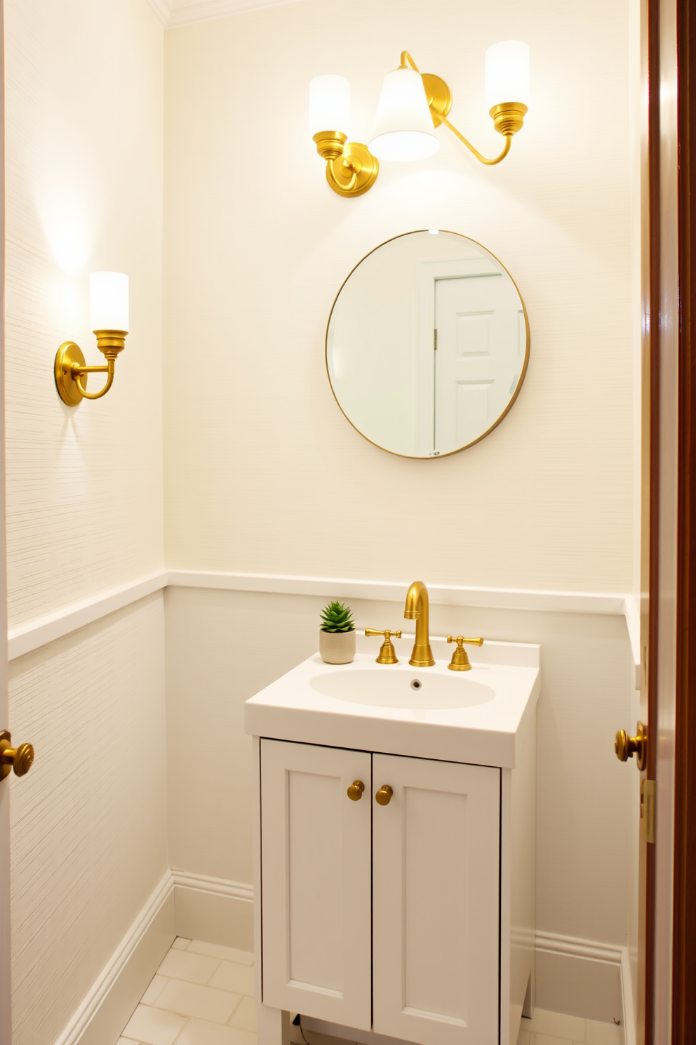 A cozy powder room featuring elegant sconce lighting that casts a warm glow across the space. The walls are adorned with textured wallpaper in a soft pastel hue, complementing the sleek vanity with a polished brass faucet. The floor is covered in classic white subway tiles, creating a timeless look. A round mirror hangs above the vanity, reflecting the subtle beauty of the room while a small potted plant adds a touch of greenery.