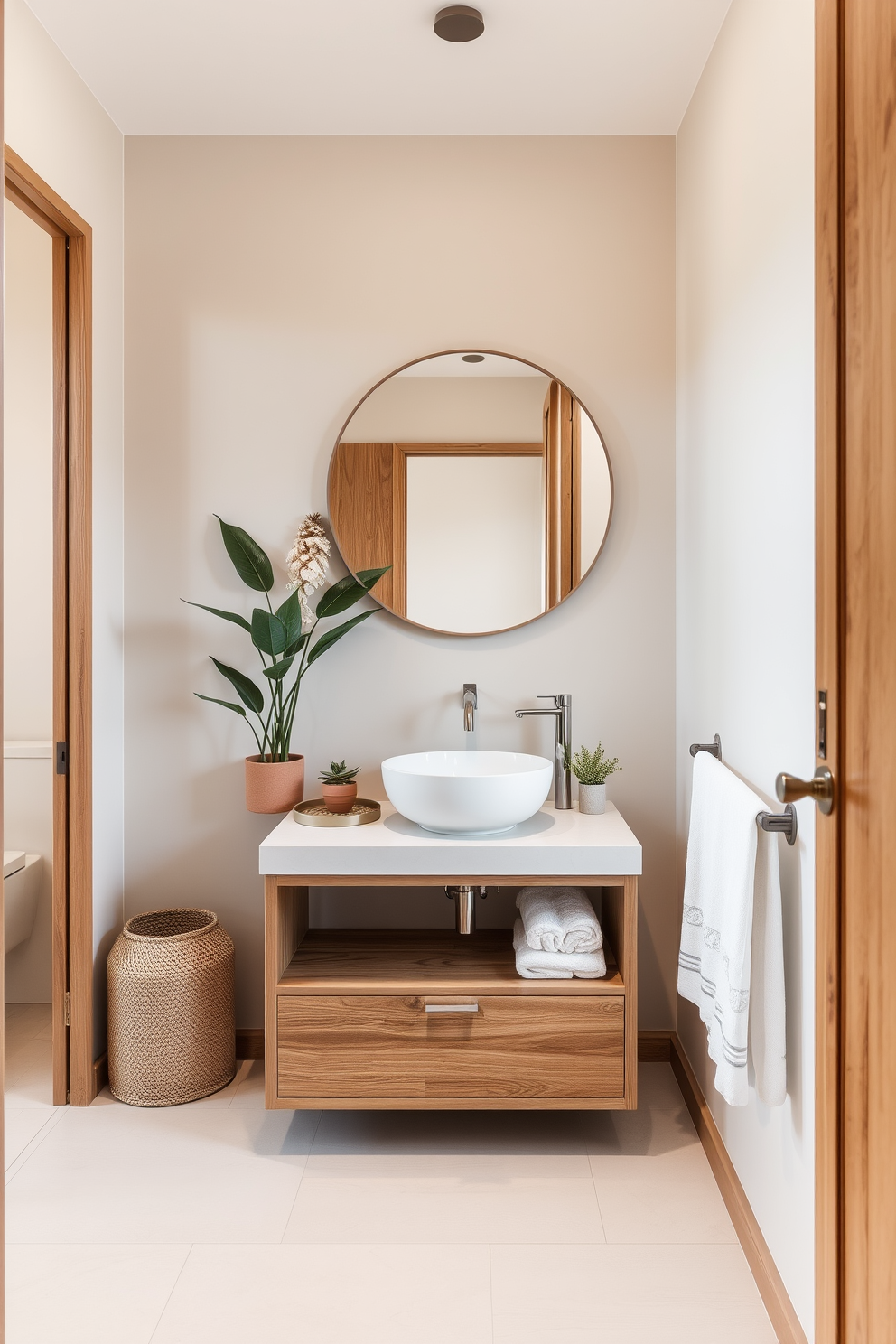 A stylish bathroom powder room featuring natural wood accents that bring warmth and comfort to the space. The walls are adorned with soft, neutral tones, and the floor is finished with elegant, light-colored tiles that enhance the inviting atmosphere. A freestanding wooden vanity showcases a sleek countertop with a modern sink. Above the vanity, a large round mirror reflects the natural light, while decorative elements like potted plants and plush towels complete the serene setting.