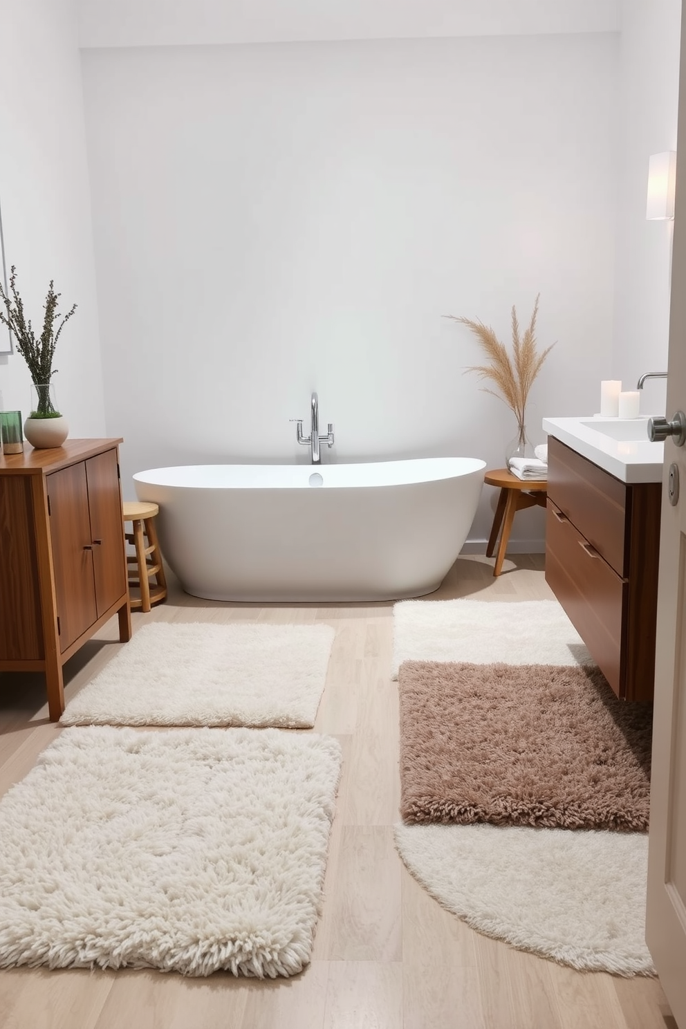 A serene bathroom setting featuring soft plush rugs that invite comfort and warmth. The rugs are strategically placed near a modern freestanding bathtub, enhancing the overall cozy atmosphere of the space. The color palette includes soothing neutrals and soft pastels, creating a calming environment. Natural light streams in through a frosted window, illuminating the textures of the plush rugs and complementing the elegant fixtures.