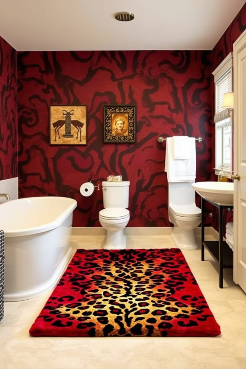 A cozy bathroom setting featuring layered rugs that add a bohemian touch. The floor is adorned with a mix of colorful patterned rugs, creating a warm and inviting atmosphere. In the center, a soft, oversized rug is placed under a freestanding bathtub, while smaller rugs are positioned near the sink and toilet areas. The walls are painted in a soft white, allowing the vibrant colors of the rugs to stand out beautifully.