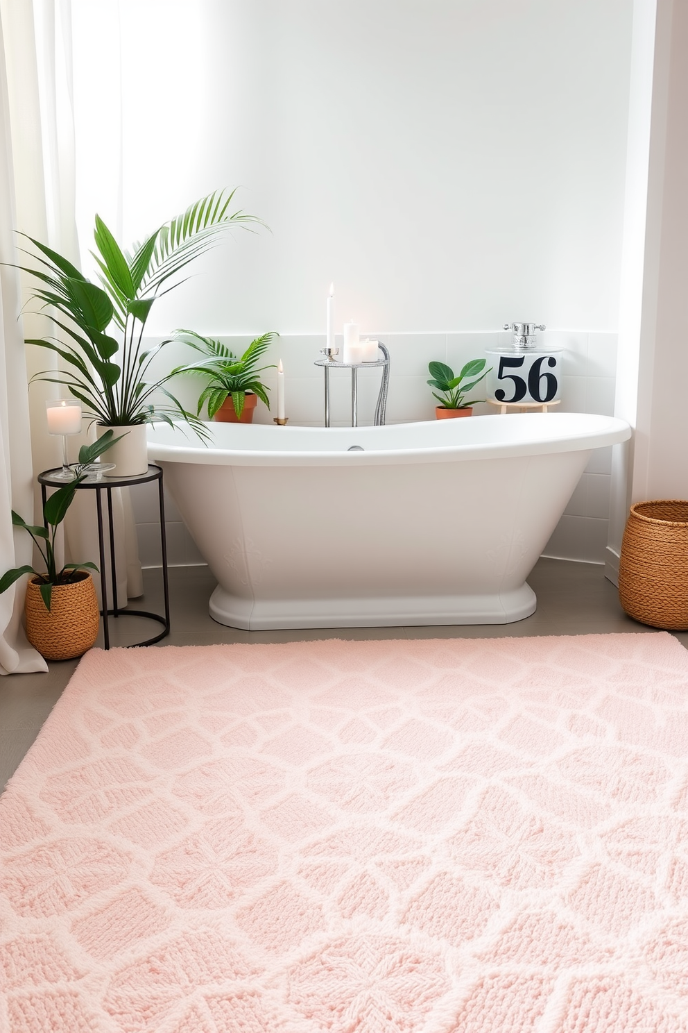 A vibrant bathroom featuring an animal print rug that adds a wild twist to the decor. The rug is positioned in front of a sleek freestanding bathtub, surrounded by lush greenery and modern fixtures. The walls are adorned with neutral tones, allowing the rug to be the focal point of the space. Soft lighting highlights the textures and patterns of the rug, creating a warm and inviting atmosphere.