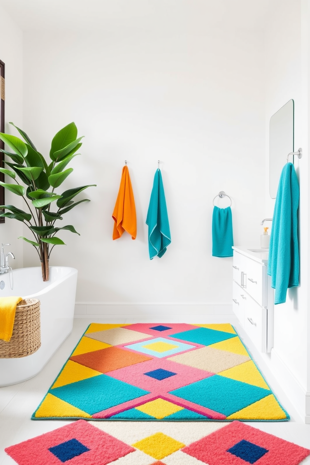 A vibrant bathroom featuring a colorful geometric rug that adds a playful touch to the floor. The walls are painted in a soft white, allowing the bright accents of the rug to stand out and energize the space. Incorporate a mix of bold colors such as teal, yellow, and coral in the accessories like towels and soap dispensers. A large potted plant sits in the corner, complementing the lively atmosphere created by the rug design.