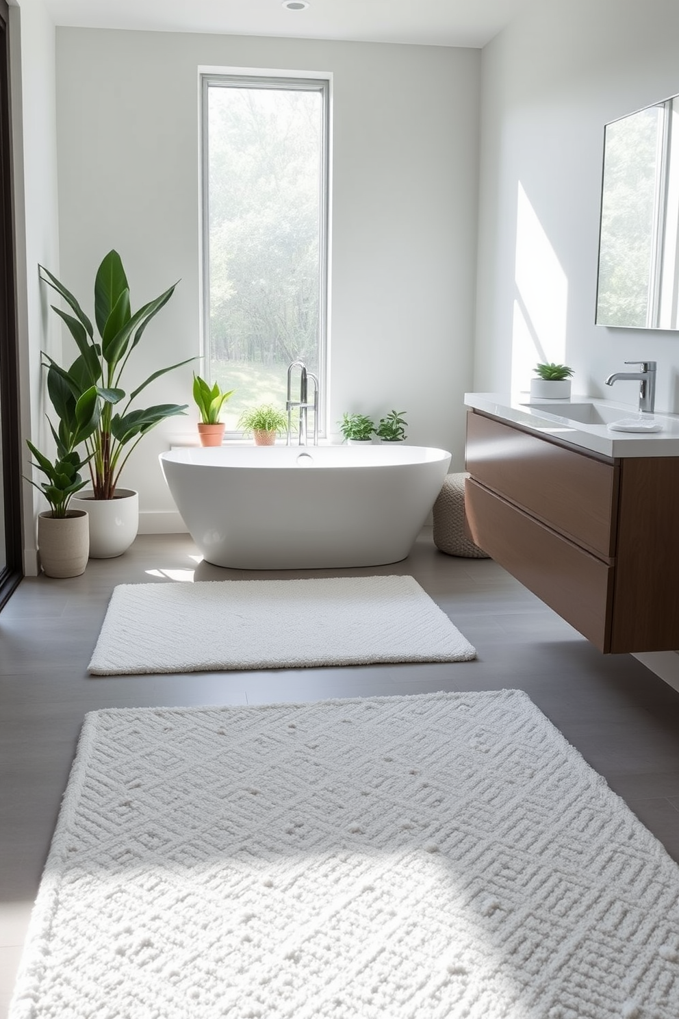 A monochrome bathroom featuring sleek black tiles on the floor and glossy white walls. The space is accented with minimalist black fixtures and a large frameless mirror that reflects the clean lines of the design. The bathroom rug is a plush white geometric pattern that adds texture while maintaining the color scheme. It is positioned centrally in front of a modern freestanding bathtub, enhancing the overall elegance of the space.