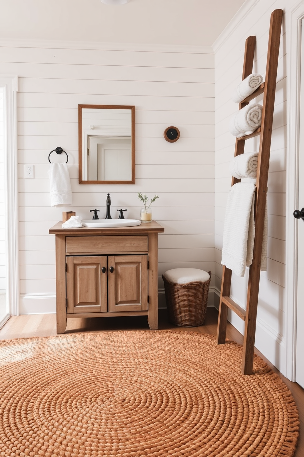 A cozy farmhouse bathroom featuring a large woven rug with natural fibers and earthy tones. The rug complements a wooden vanity with a distressed finish and a vintage-style sink. The walls are adorned with shiplap in a soft white color, creating a warm and inviting atmosphere. A rustic ladder is leaned against the wall, displaying neatly rolled towels for added texture and charm.