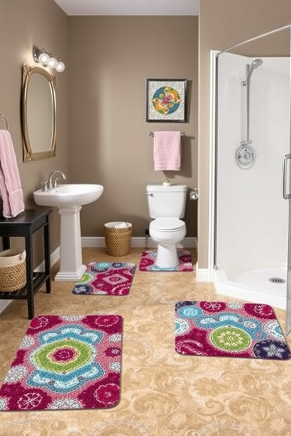 A cozy bathroom setting featuring water-resistant rugs that complement the overall decor. The rugs are designed with vibrant patterns and colors, adding a touch of style while ensuring practicality and easy maintenance. Incorporating non-slip backing, these rugs provide safety and comfort underfoot. The arrangement includes a larger rug in front of the sink and a smaller accent rug near the shower area, creating a harmonious and functional space.