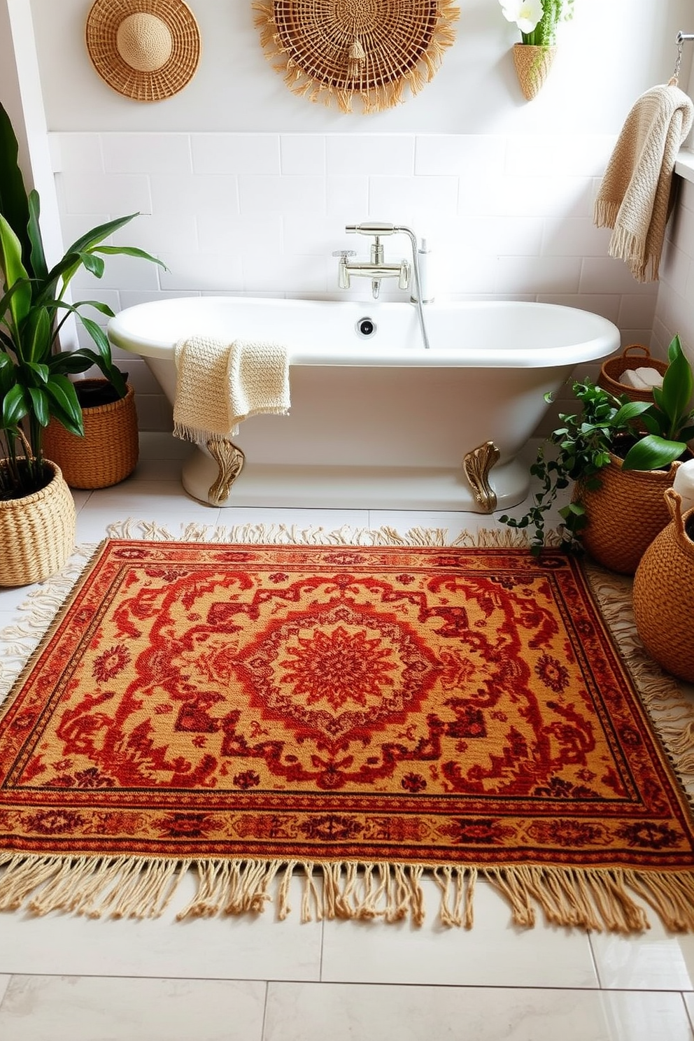 A cozy bathroom rug with fringed edges that adds a bohemian flair to the space. The rug features an intricate pattern in warm earth tones, perfectly complementing the natural textures of the bathroom decor. Placed in front of a freestanding bathtub, the rug creates a soft landing spot for bare feet. Surrounding plants and woven baskets enhance the bohemian vibe, inviting relaxation and comfort.