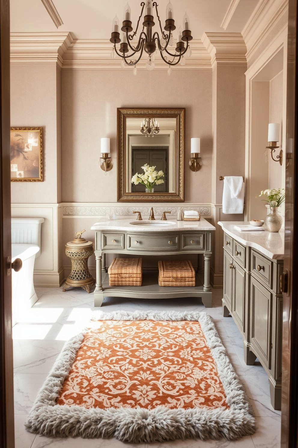 Custom printed rugs for personalized design. A luxurious bathroom features a custom printed rug with intricate patterns that complement the overall color scheme. The rug is placed in front of a freestanding bathtub, enhancing the space's elegance. Surrounding the tub are candles and potted plants, creating a serene atmosphere. In a different bathroom, a vibrant geometric design on the rug adds a modern touch. The rug contrasts beautifully with the soft pastel walls and sleek fixtures.