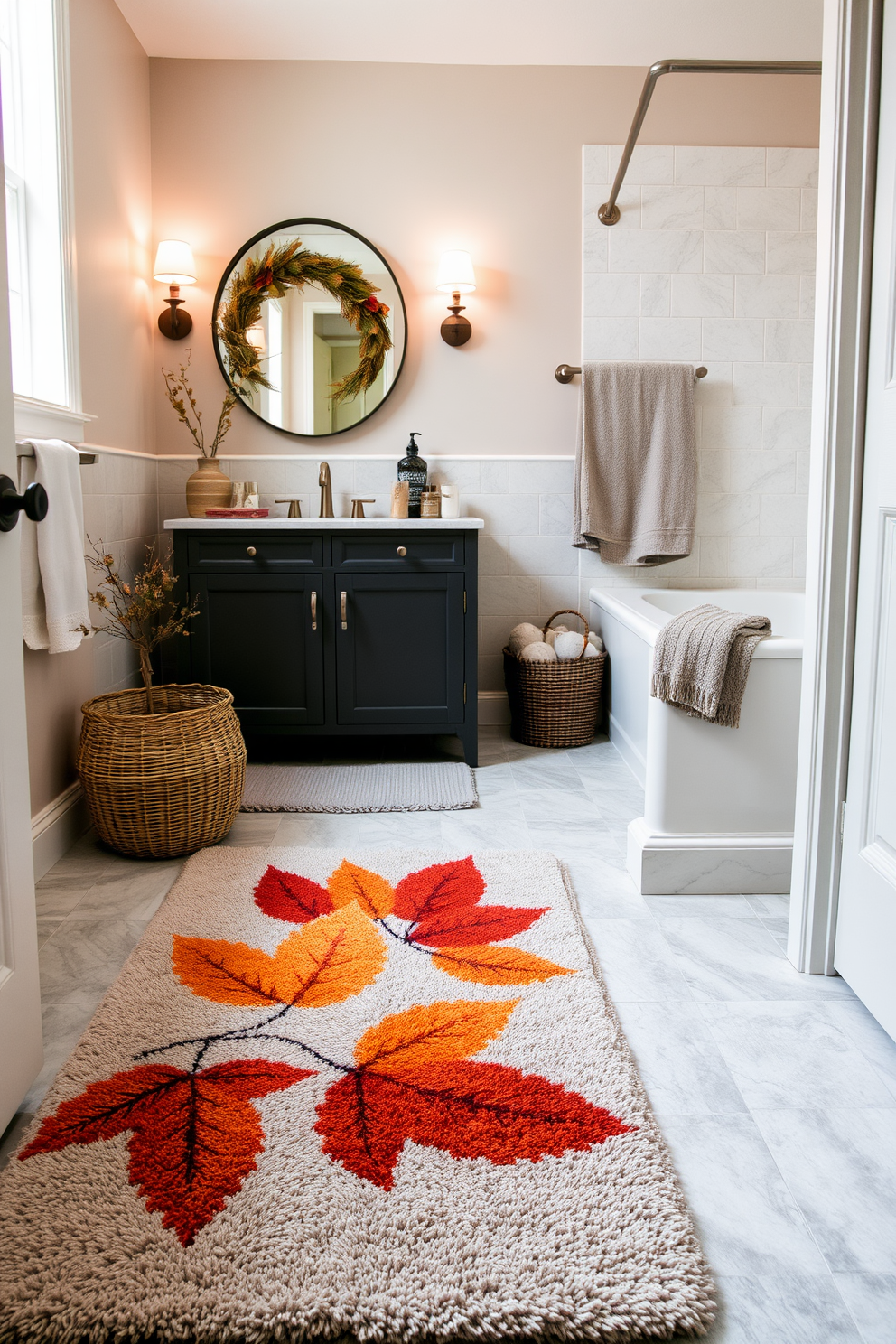 A cozy bathroom setting featuring a plush rug that adds warmth and texture. The rug showcases a seasonal theme with autumn leaves in rich hues of orange and gold, perfectly complementing the muted earth tones of the space. In the corner, a stylish vanity is adorned with seasonal decor, enhancing the overall aesthetic. Soft lighting creates an inviting atmosphere, making the bathroom a perfect retreat for relaxation.