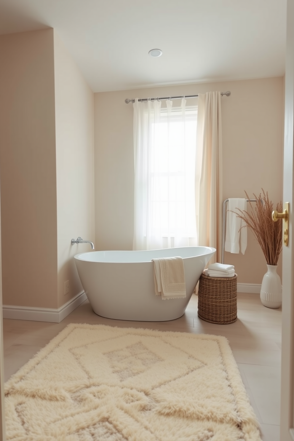 A serene bathroom setting featuring soft neutral tones that create a calming atmosphere. The walls are painted in a light beige shade, complemented by a plush cream-colored rug that adds warmth underfoot. The rug design incorporates subtle textures and patterns, enhancing the overall aesthetic without overwhelming the space. Natural light filters through sheer curtains, illuminating the soft hues and inviting tranquility into the room.